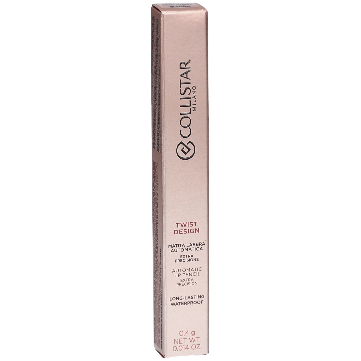 Rosa Cameo Lipliner-Verpackung. Marke Collistar Milano, Twist Design. Text: Automatic Lip Pencil, wasserfest.