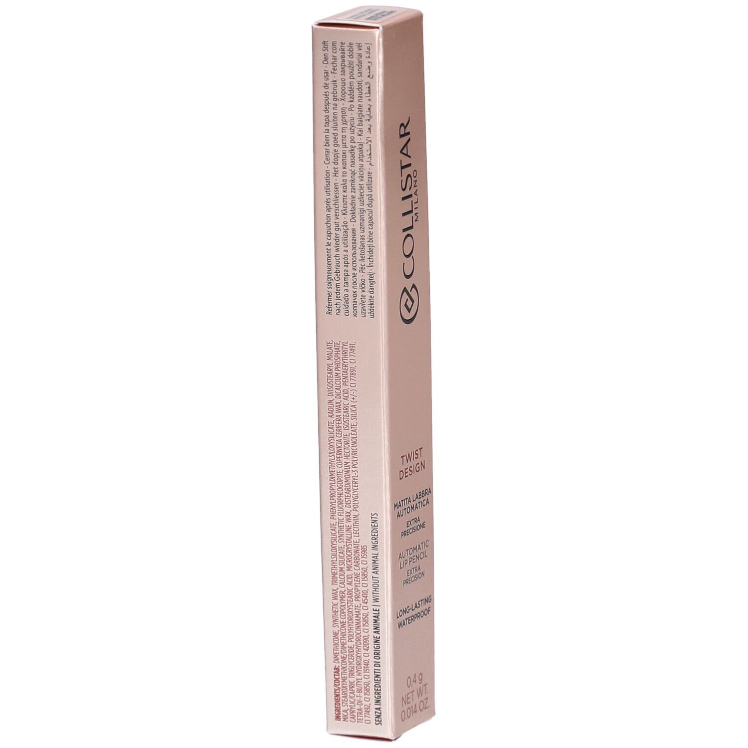 Rückseite der rosafarbenen Verpackung. Text in mehreren Sprachen. Marke Collistar, Produktname Twist Design, Lipliner.