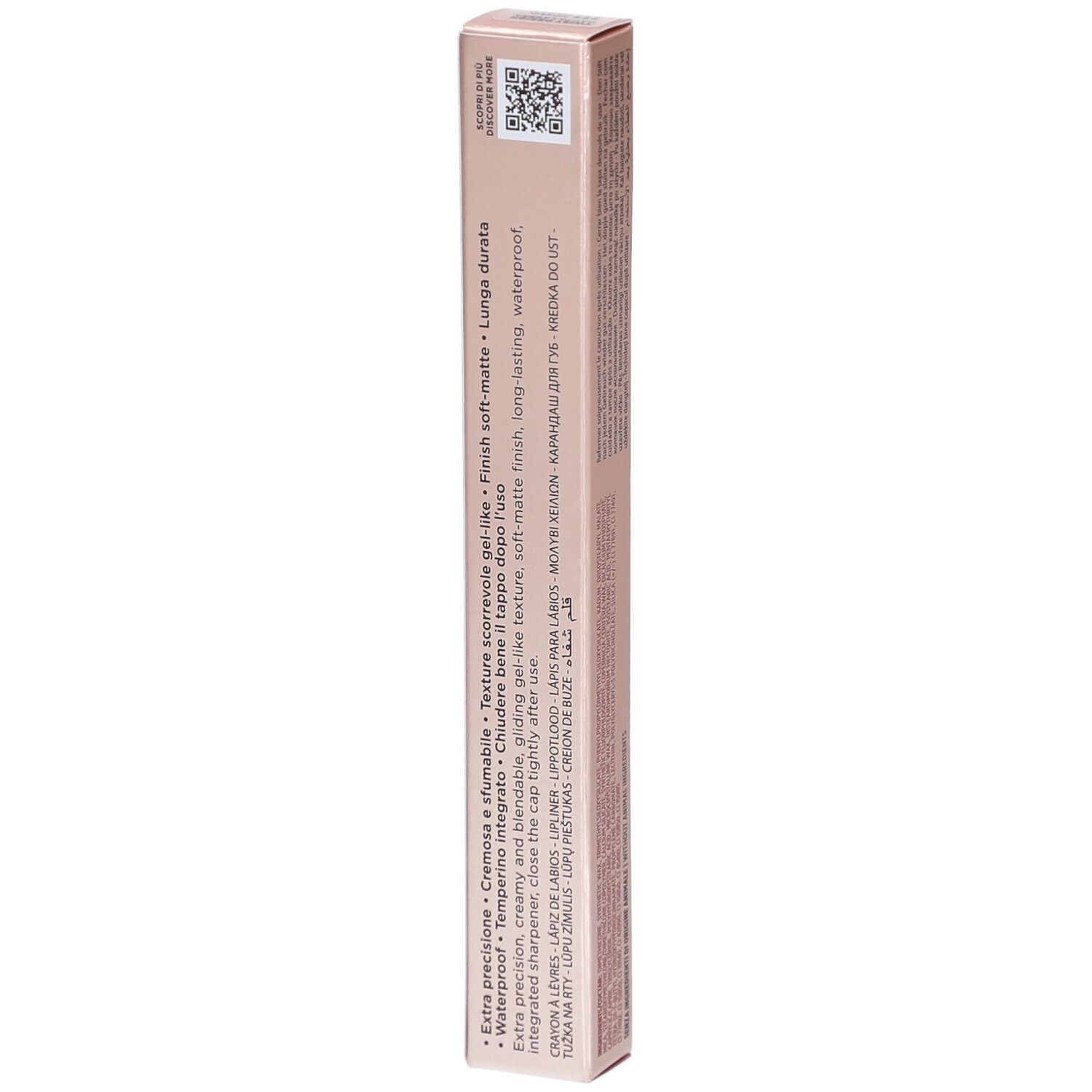 Rückseite der rosafarbenen Verpackung. Text in mehreren Sprachen. Marke Collistar, Produktname Twist Design, Lipliner.