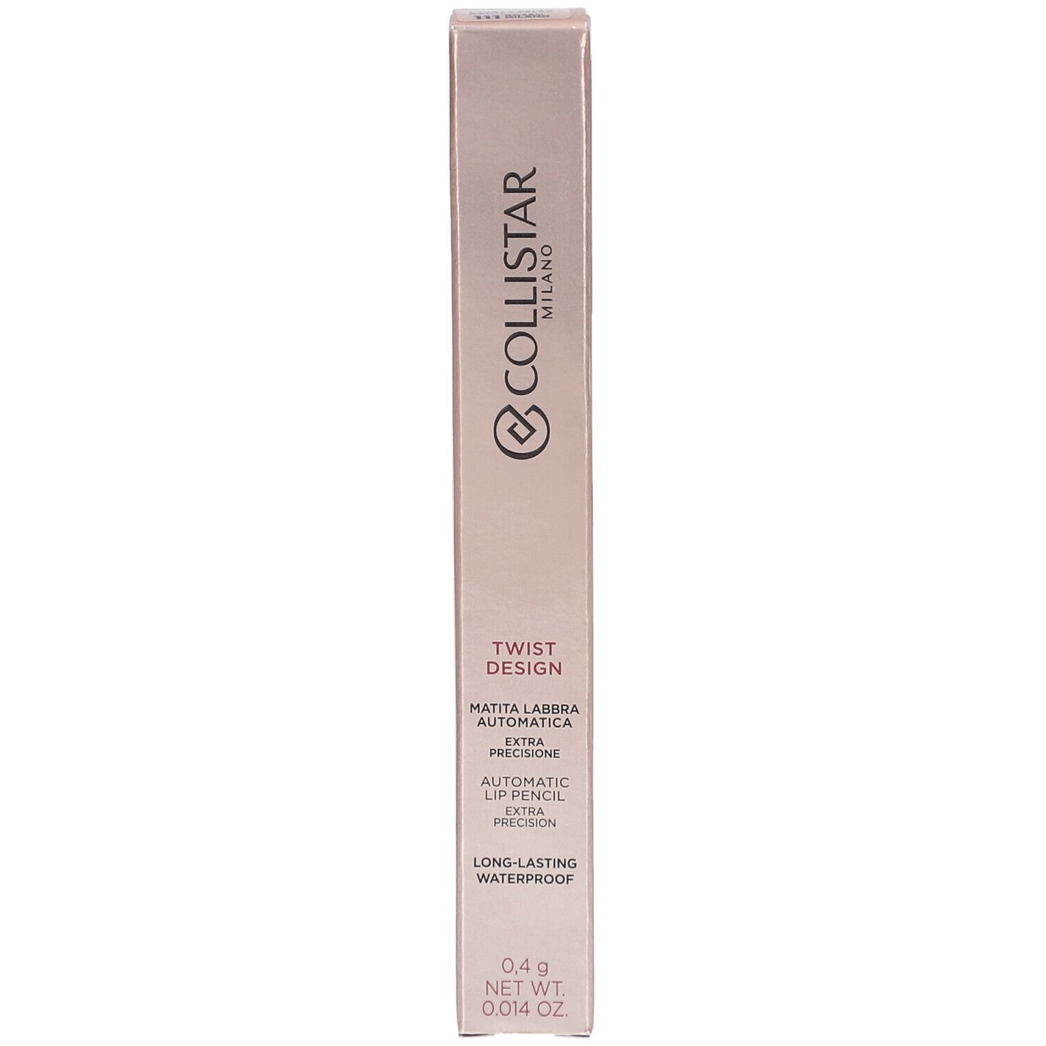 Rosafarbene Verpackung mit Produktinformationen. Marke Collistar, Produktname Twist Design, Lipliner. Text in mehreren Sprachen.