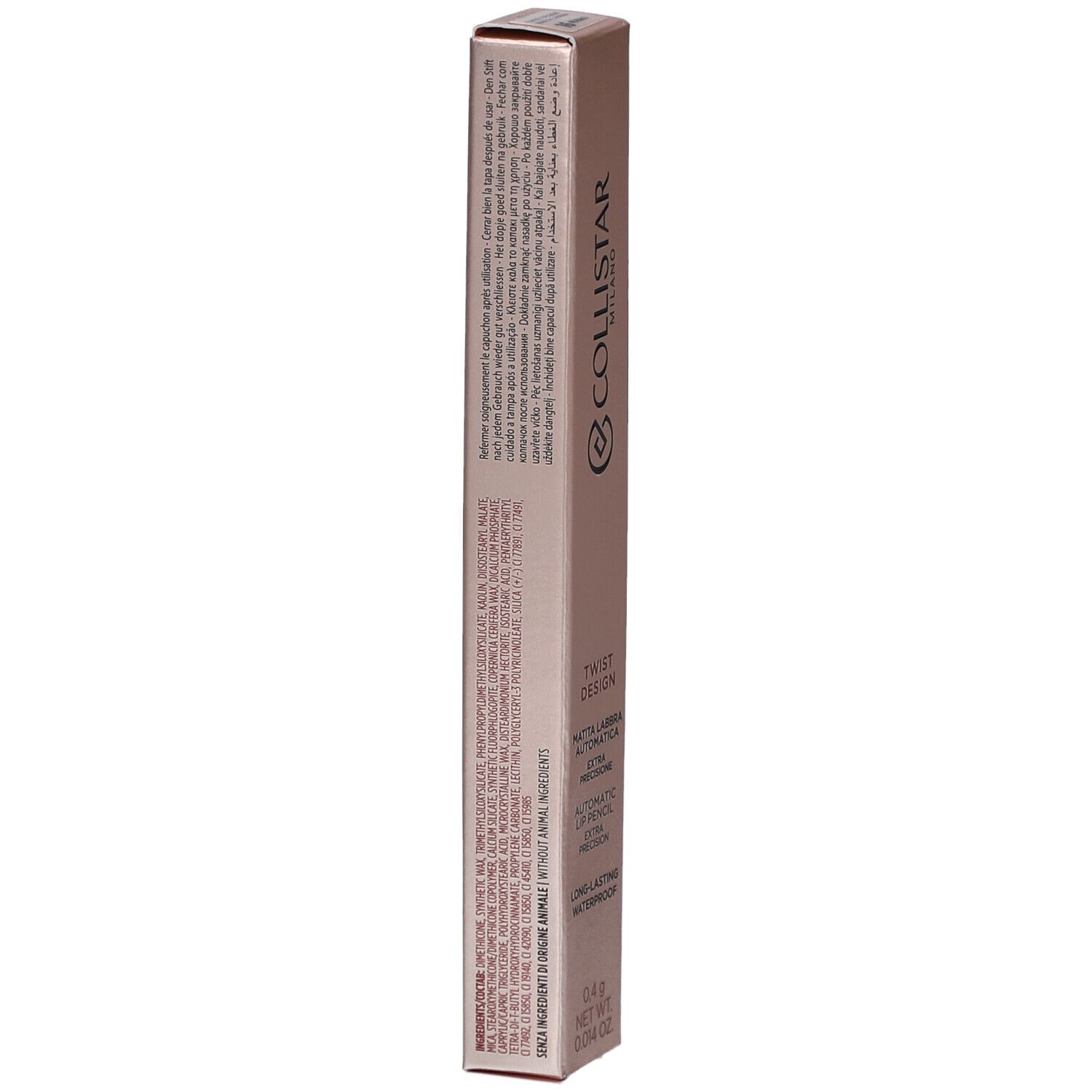 Rückseite der Collistar Twist Design Lip Pencil Verpackung. Textinformationen in verschiedenen Sprachen. Rosa-goldene Farbe.