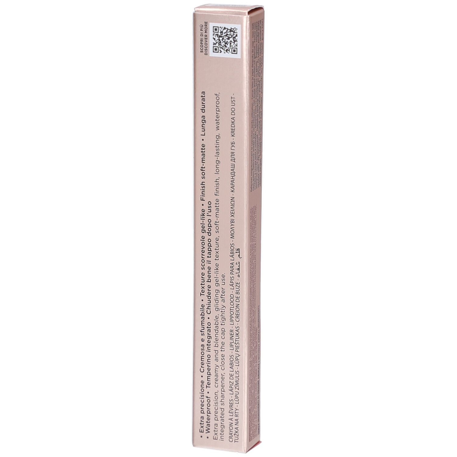Rückseite der Collistar Twist Design Lip Pencil Verpackung. Textinformationen, QR-Code. Rosa-goldene Farbe.
