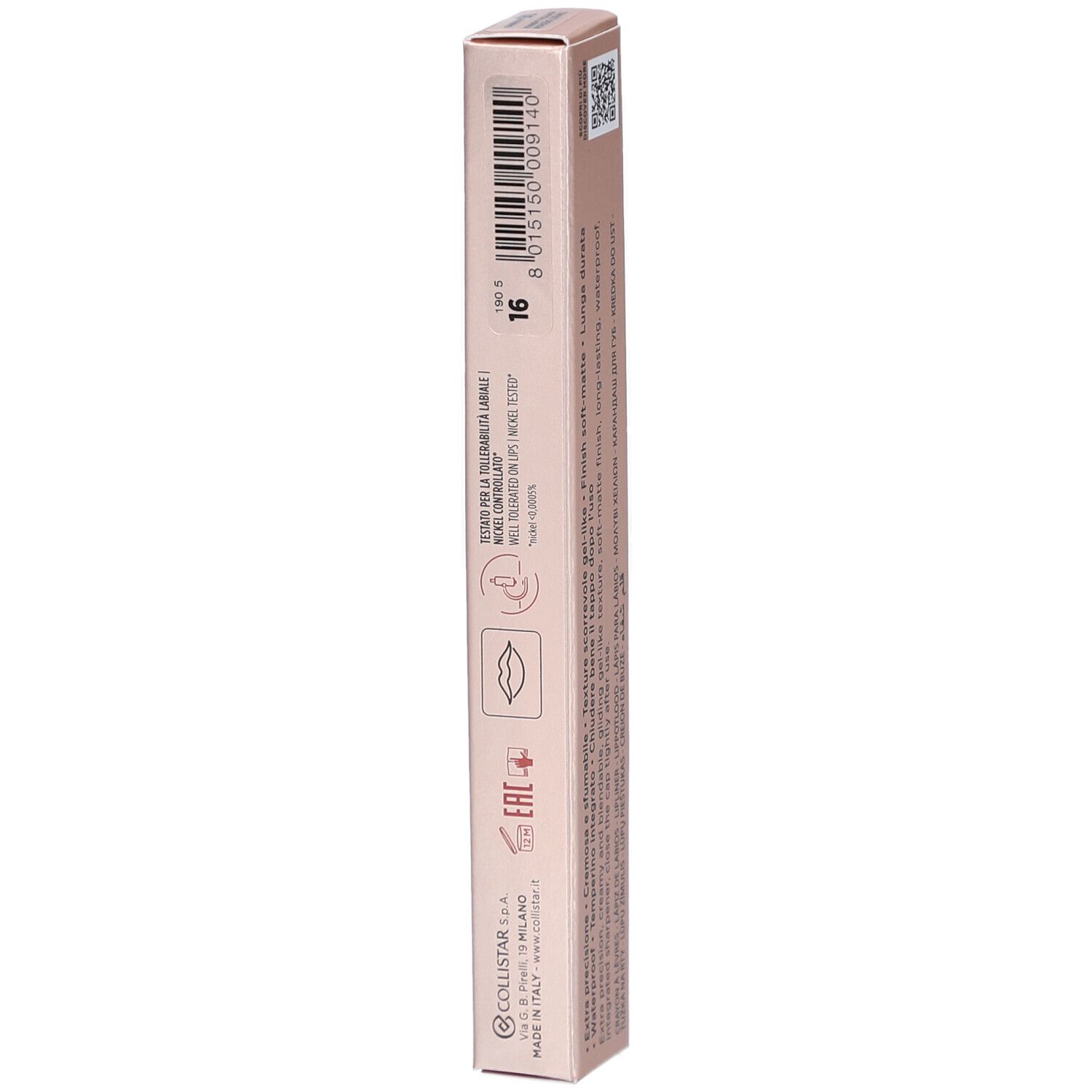 Rückseite der Collistar Twist Design Lip Pencil Verpackung. Text, QR-Code, Symbole. Rosa-goldene Farbe.