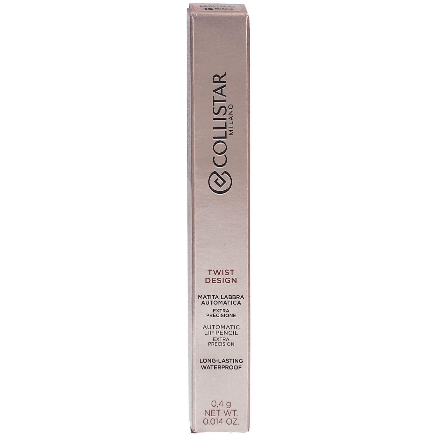 Collistar Twist Design Lip Pencil Verpackung. Rosa-goldene Schachtel mit Produktinformationen. Marke und Produktbezeichnung sichtbar.