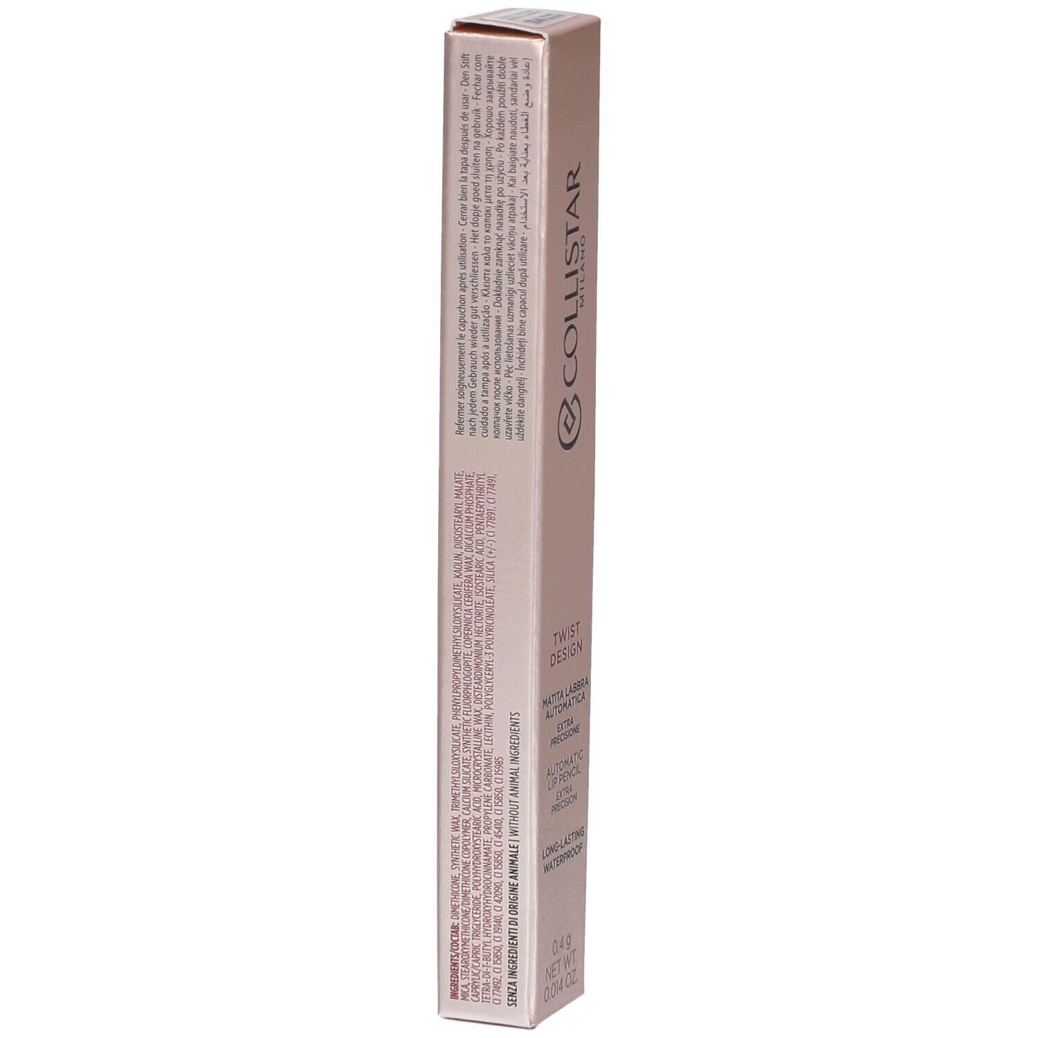 Rückseite der Collistar Lipliner-Verpackung. Text, Inhaltsstoffe und Informationen aufgedruckt. Rosa-goldener Hintergrund.