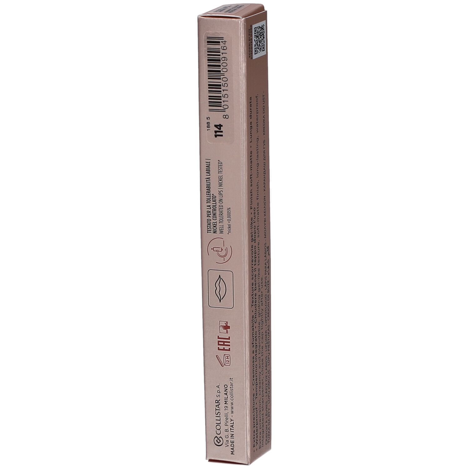 Seite der Collistar Lipliner-Verpackung. Text, Informationen und Logos aufgedruckt. Rosa-goldener Hintergrund.