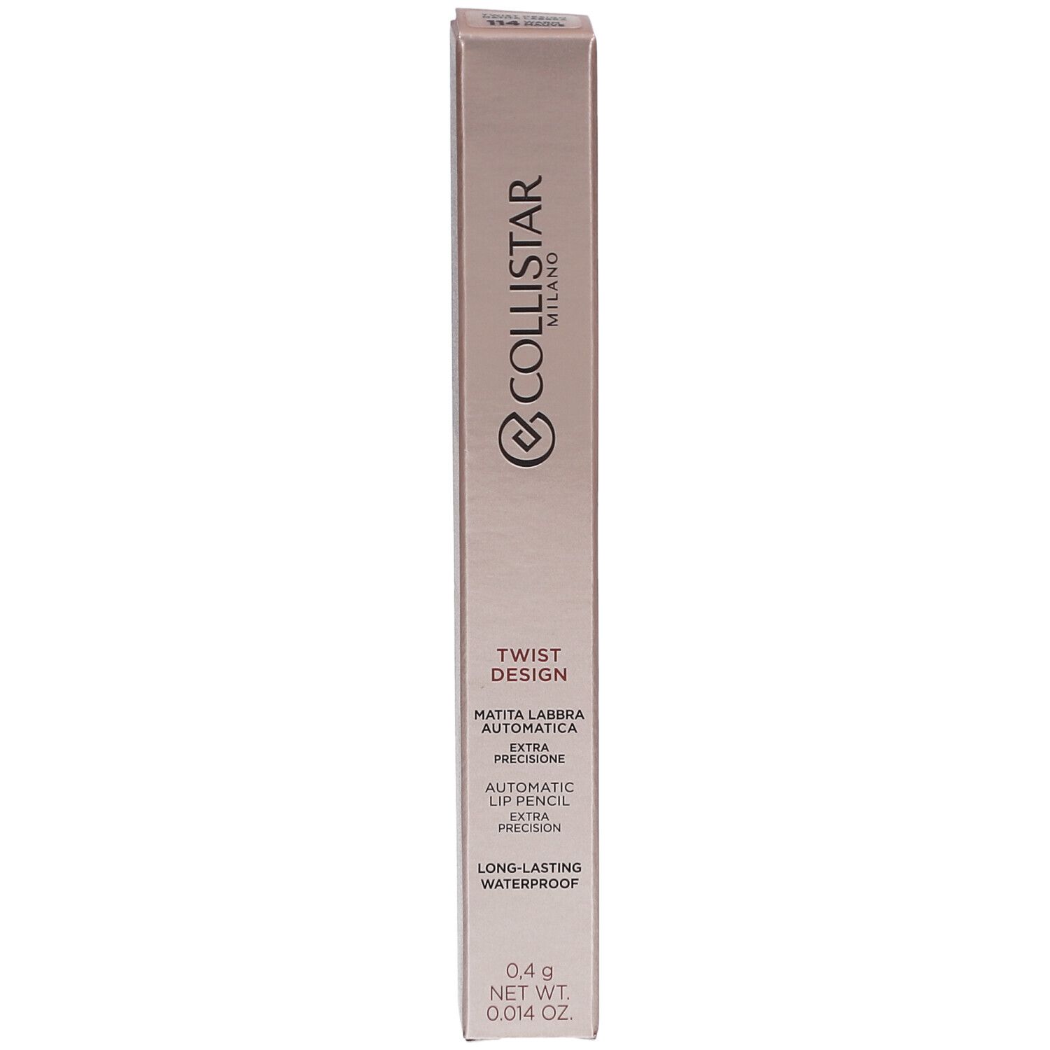 Collistar Milano Lipliner-Verpackung. Rosa-goldene, längliche Schachtel. Produktname und Logo auf der Vorderseite.