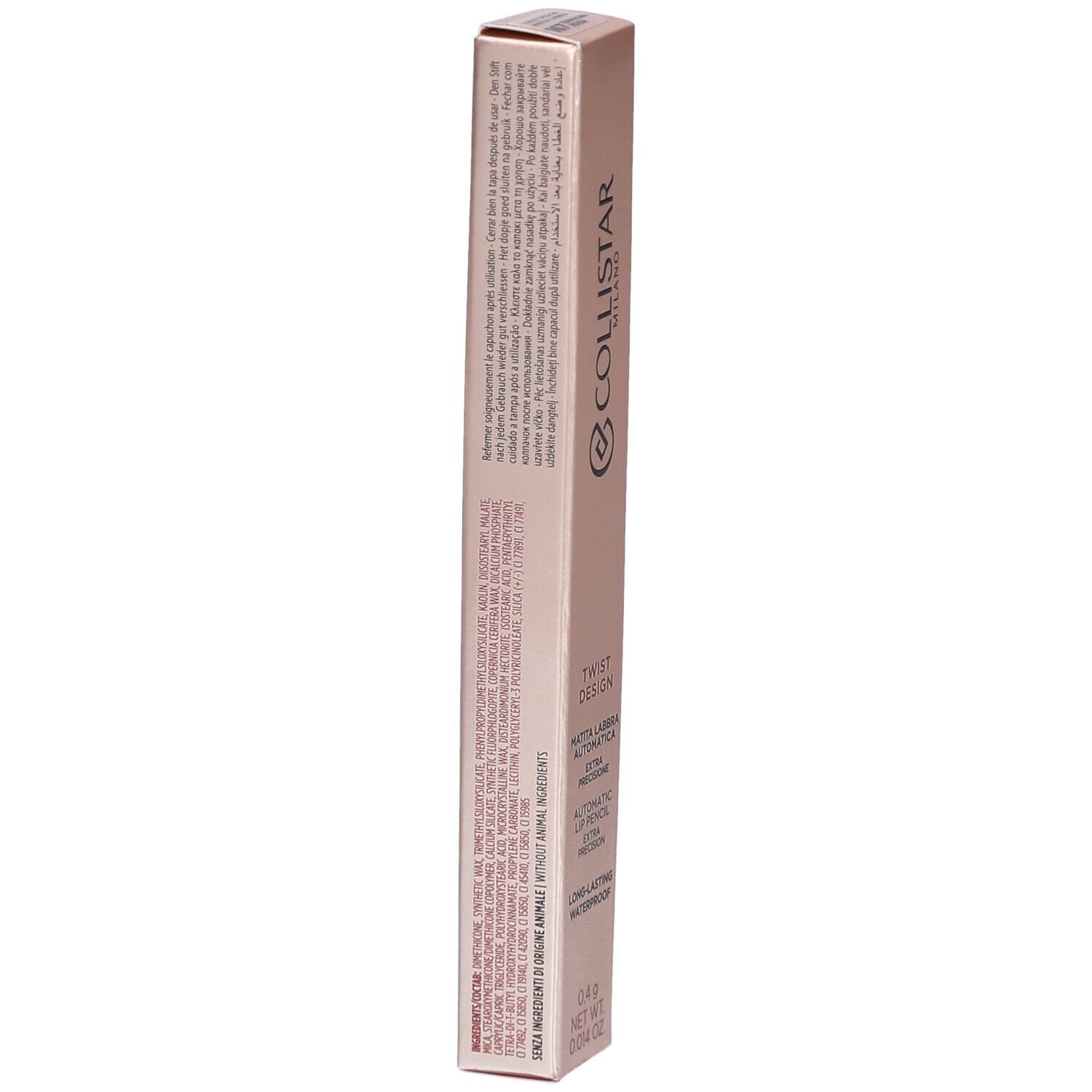 Rückseite der Collistar Lipliner-Verpackung. Rosa-goldene Schachtel mit Text. Inhaltsstoffe, Gebrauchsanweisung und Logo.