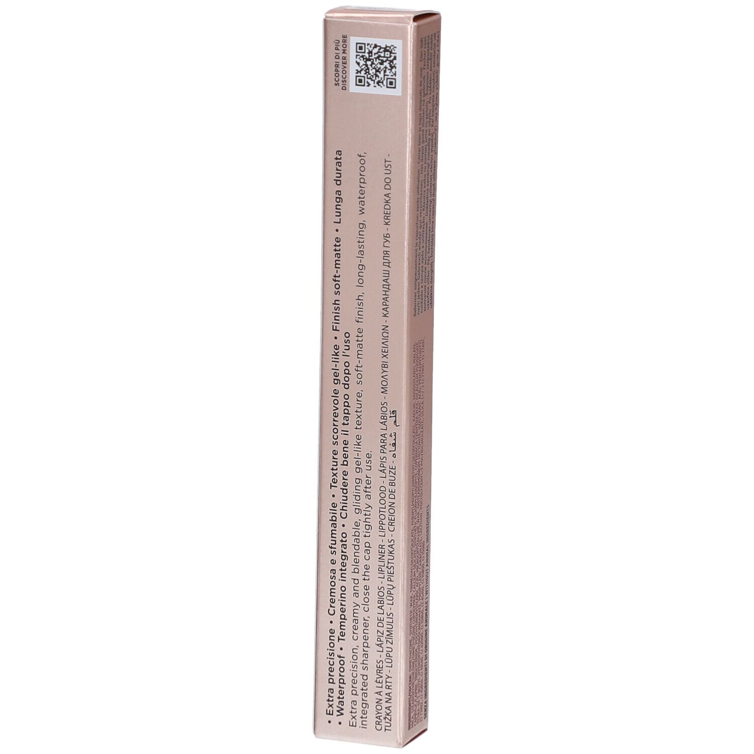 Seite der Collistar Lipliner-Verpackung. Rosa-goldene Schachtel mit Text. Beschreibung der Eigenschaften und Logo.