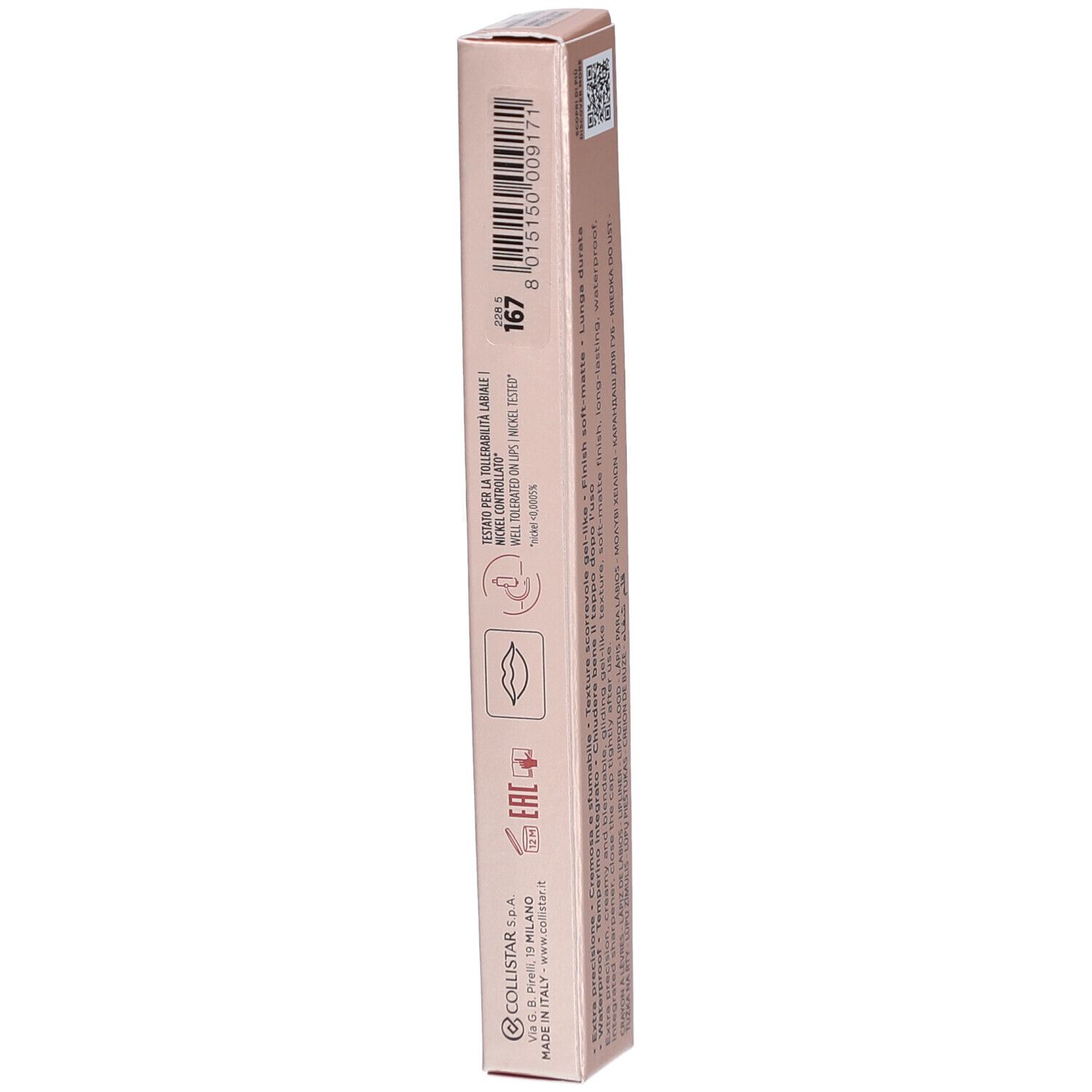 Seite der Collistar Lipliner-Verpackung. Rosa-goldene Schachtel mit Text. Logos und Informationen.