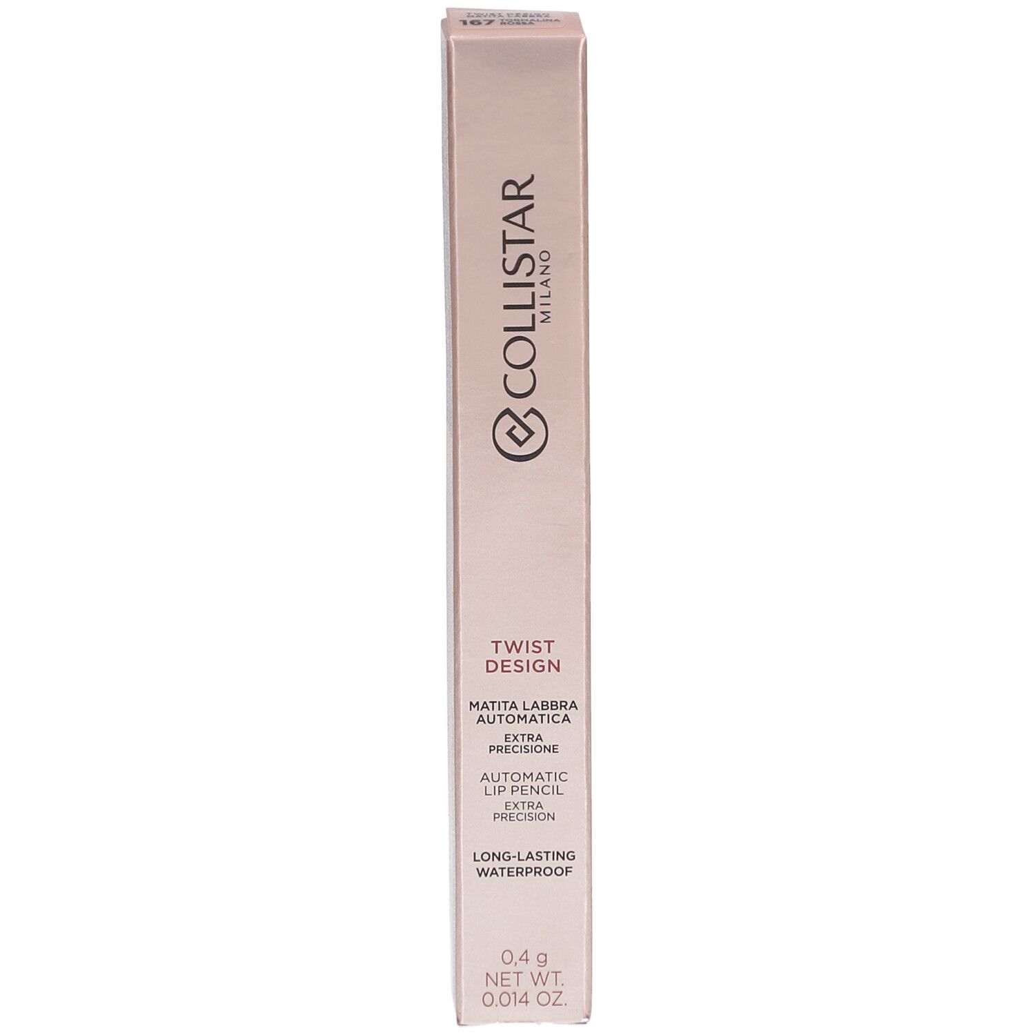 Collistar Lipliner-Verpackung. Rosa-goldene Schachtel mit Produktinformationen und Logo. Text: Twist Design, Matita Labbra Automatica.
