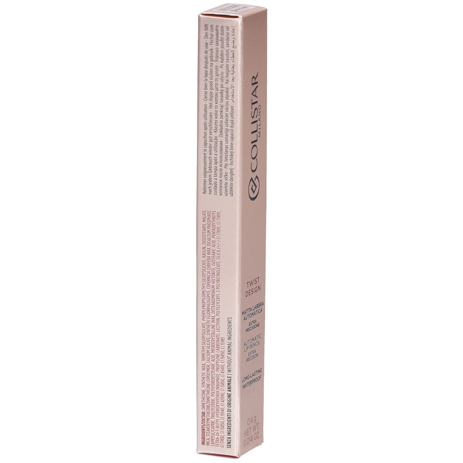Rückseite der Collistar Lipliner-Verpackung. Rosa-goldene Schachtel mit Text. Enthält Inhaltsstoffe und Produktinformationen.
