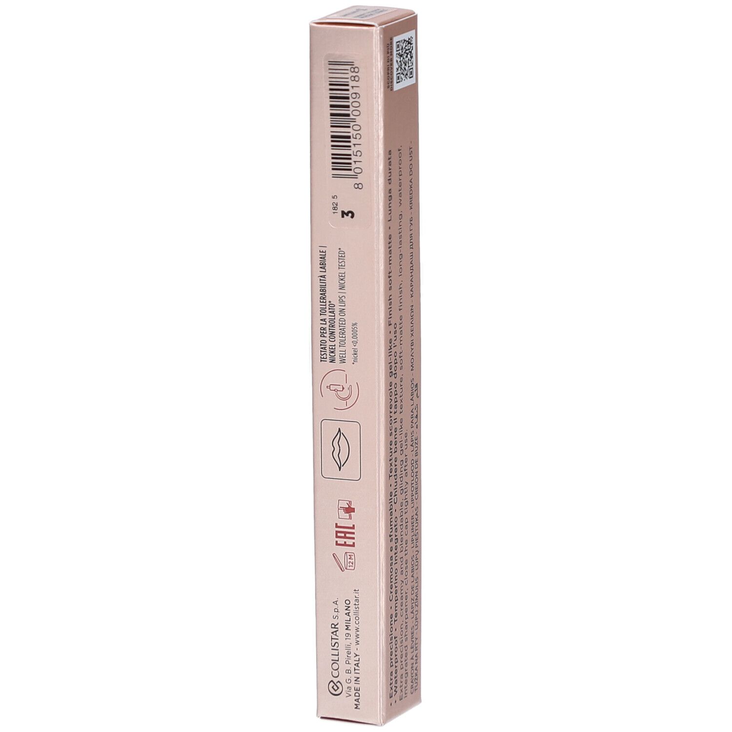 Rückseite der Collistar Lipliner-Verpackung. Rosa-goldene Schachtel mit Text und Symbolen. Hergestellt in Italien.