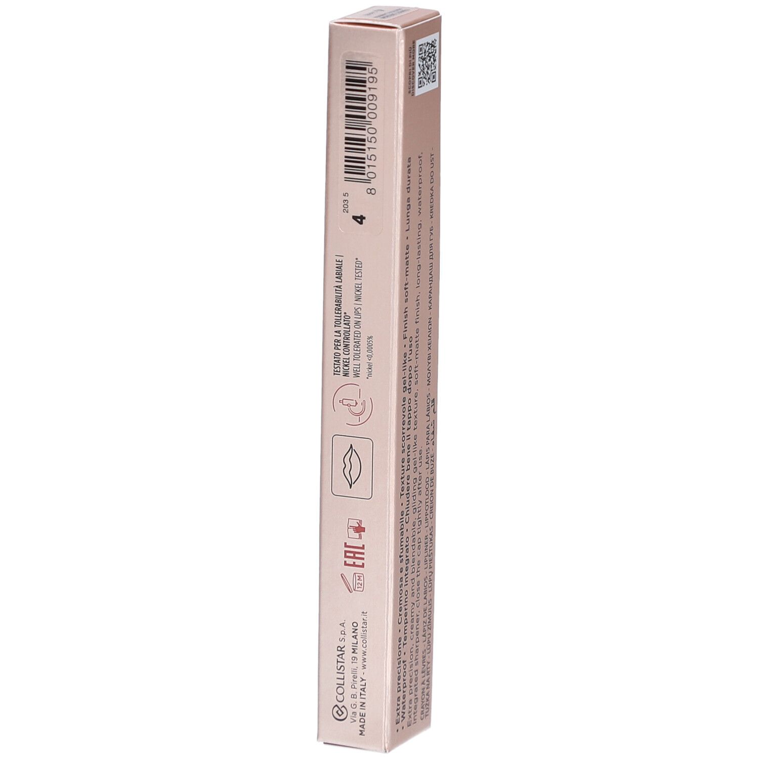 Rückseite der Collistar Lipliner-Verpackung. Rosa-goldene Schachtel mit Text und QR-Code. Text: Made in Italy, 0,4 g.