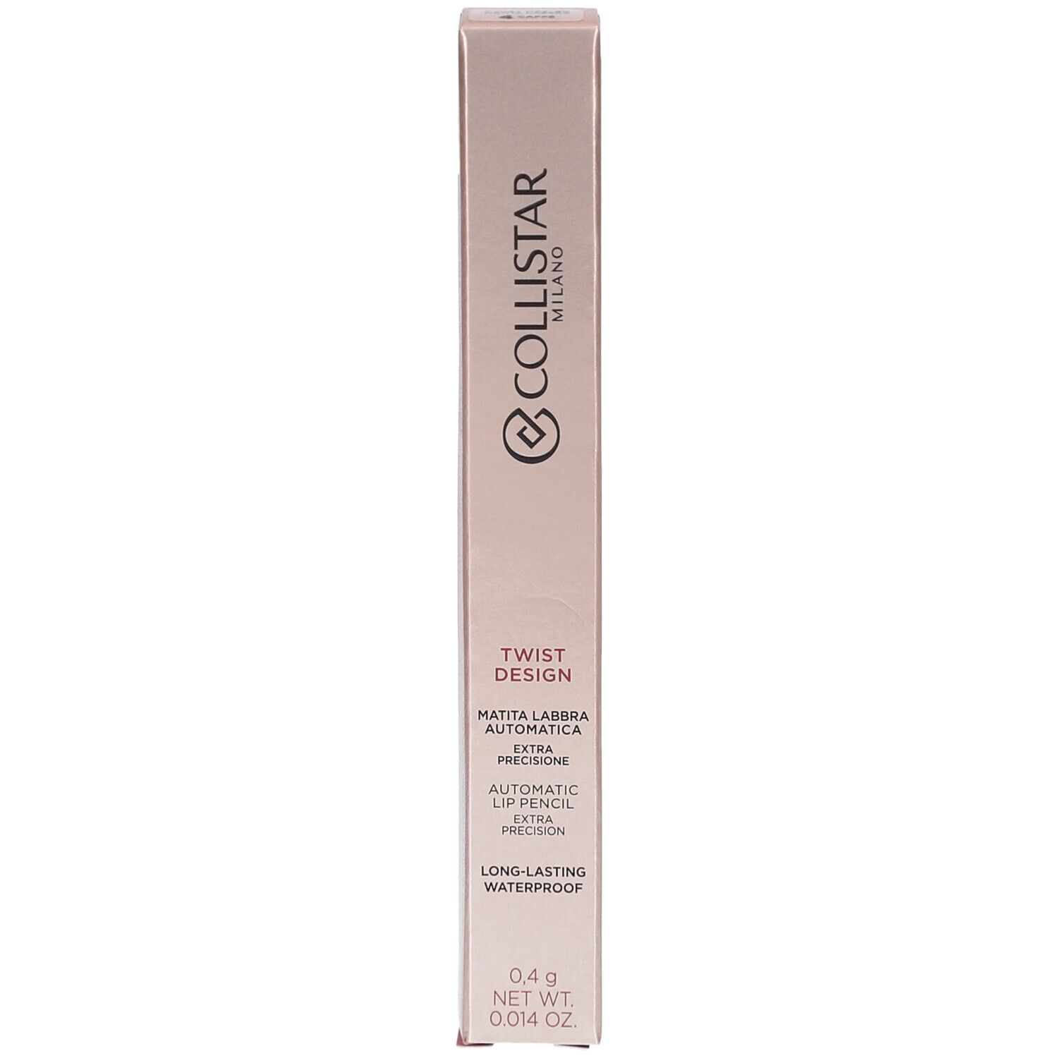 Collistar Lipliner-Verpackung. Rosa-goldene Schachtel mit Produktinformationen und Logo. Text: Twist Design, Automatic Lip Pencil.