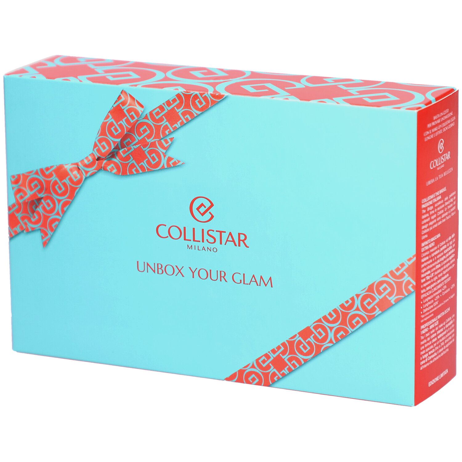 Türkisfarbene Geschenkbox mit roter Schleife und Logo. Schriftzug: UNBOX YOUR GLAM. Marke: Collistar Milano.