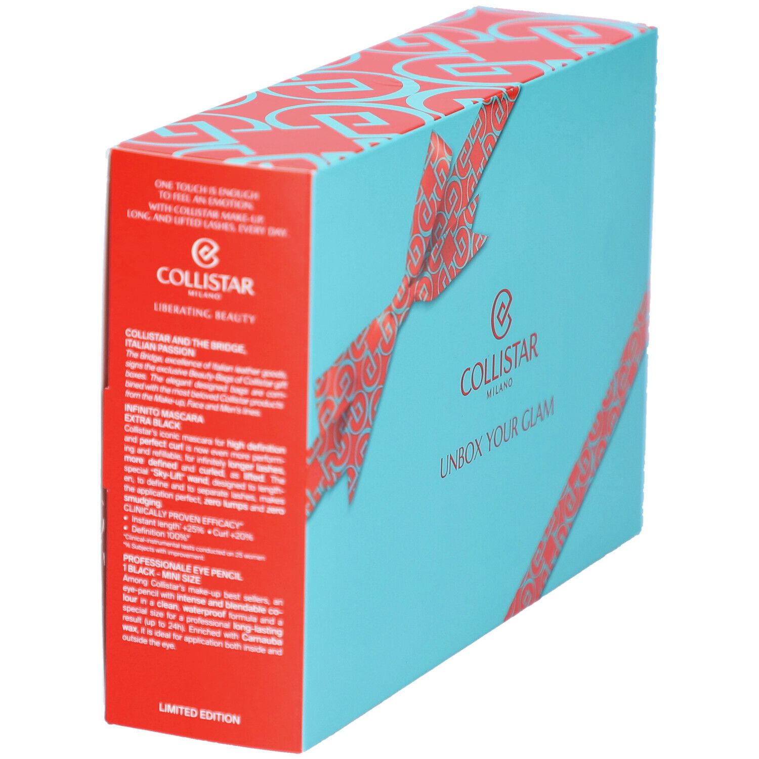 Türkis Geschenkbox mit roter Schleife und Logo. Text: UNBOX YOUR GLAM. Marke: Collistar Milano. Aufschrift: LIMITED EDITION.
