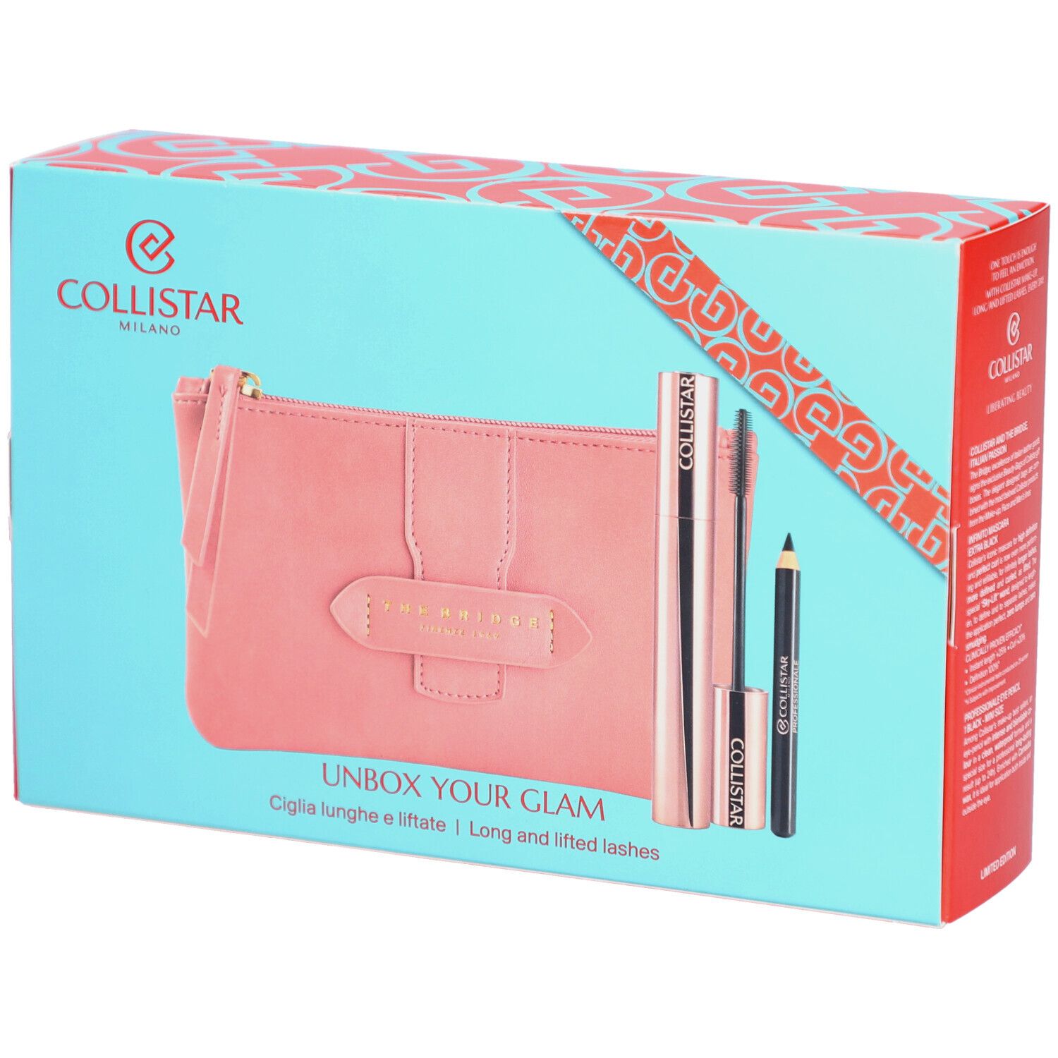 Geschenkset mit Kosmetiktasche, Mascara und Eyeliner. Türkise Box mit roter Schleife. Marke: Collistar Milano. Text: UNBOX YOUR GLAM.