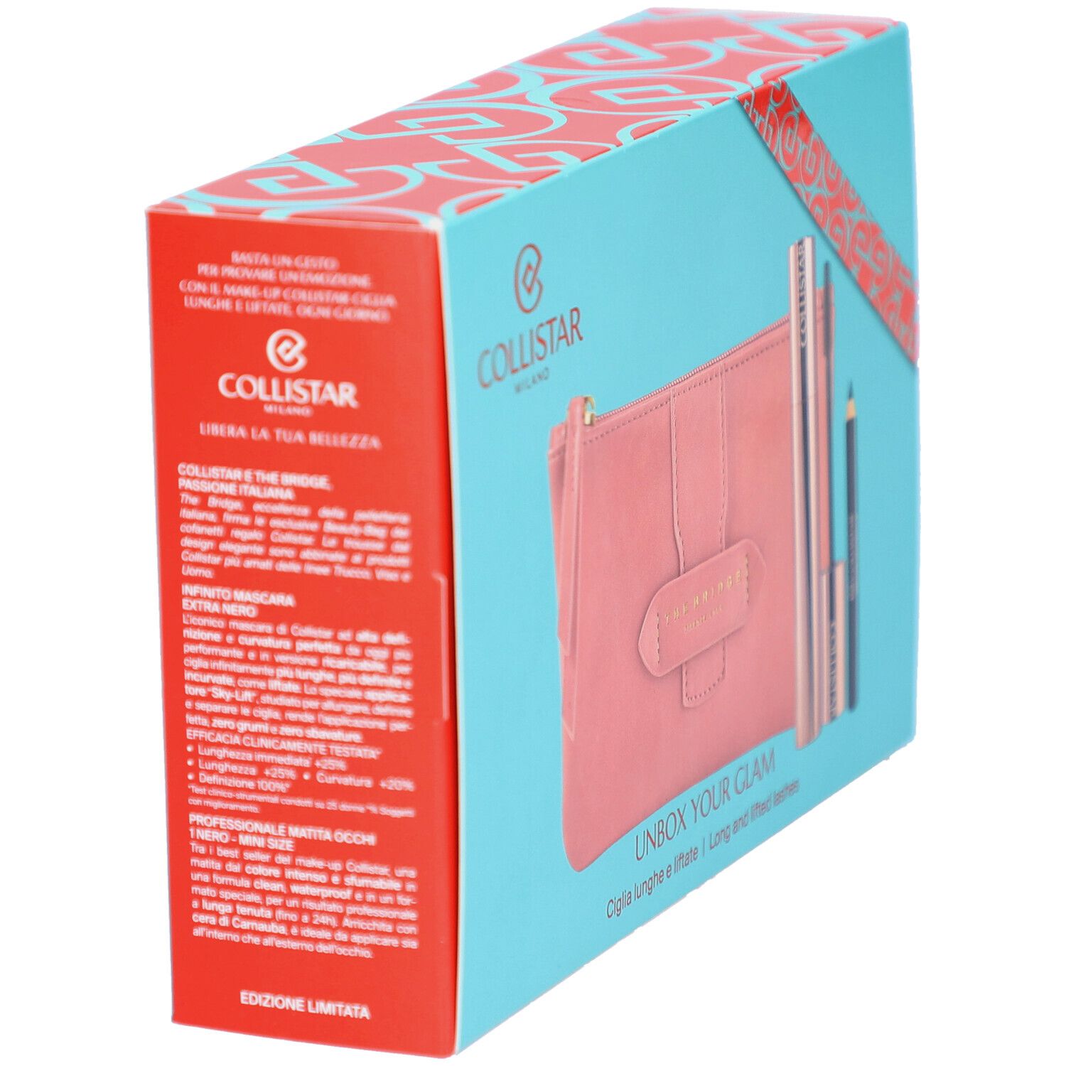 Geschenkset mit Kosmetiktasche, Mascara und Eyeliner. Türkise Box mit roter Schleife. Marke: Collistar Milano. Text: UNBOX YOUR GLAM. LIMITED EDITION.