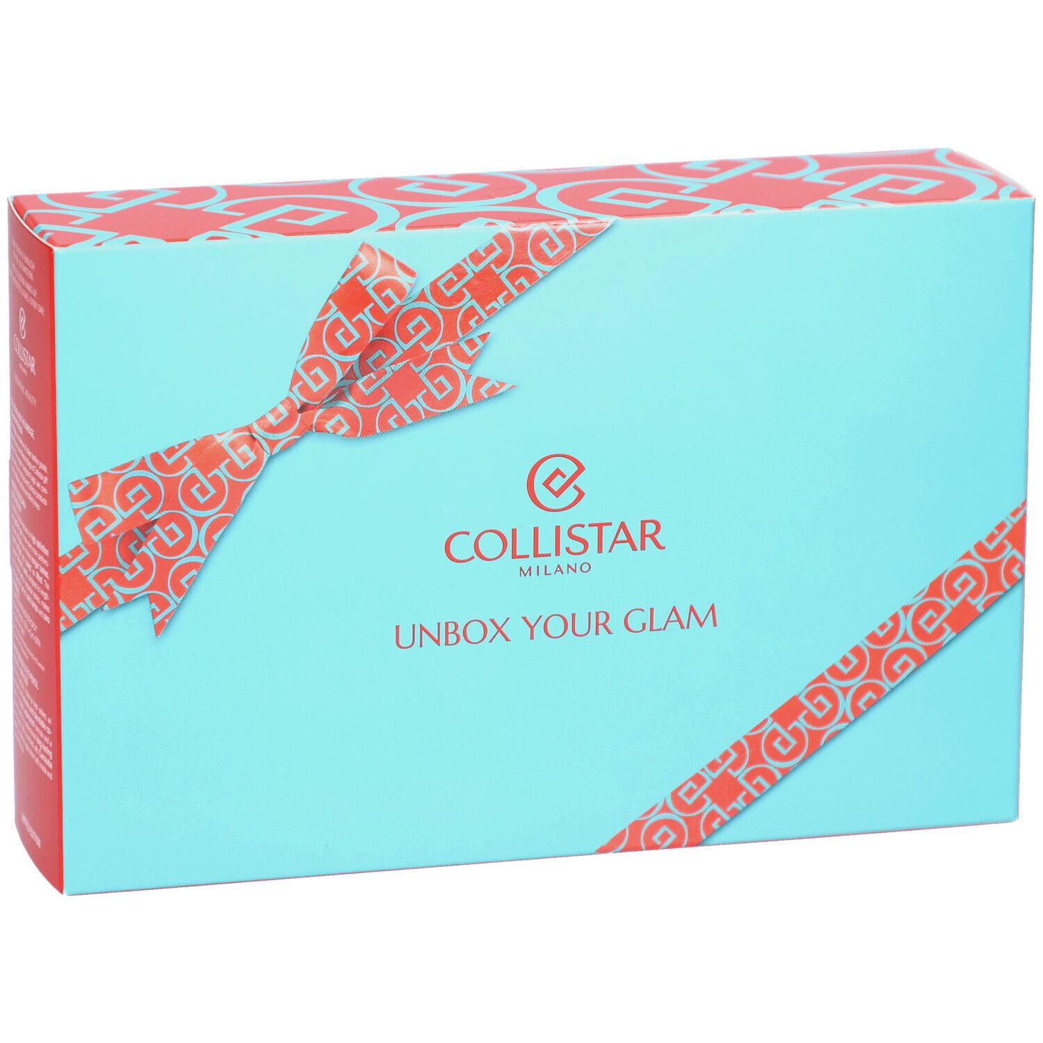 Türkis Geschenkbox mit roter Schleife und Logo. Schriftzug: UNBOX YOUR GLAM. Marke: Collistar Milano.