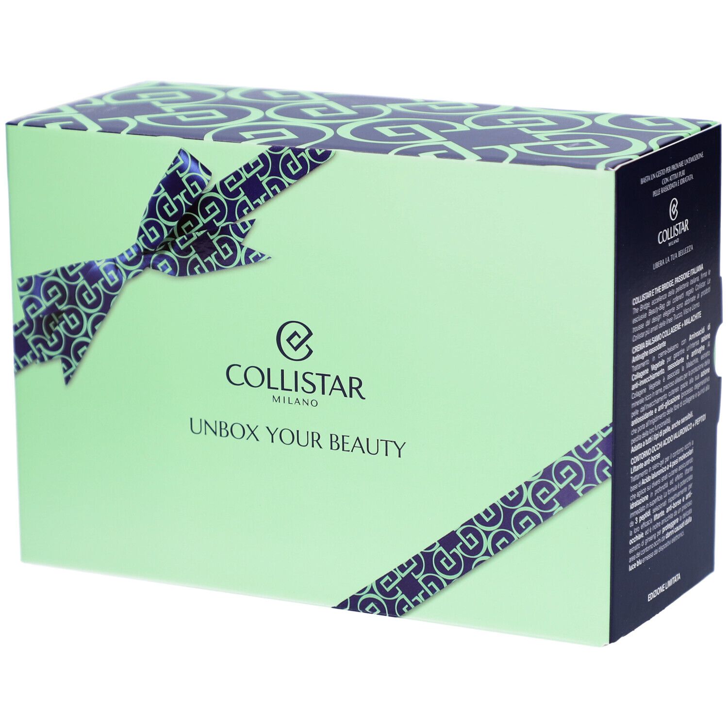 Collistar Geschenkset: Hellgrüne Box mit dunkelblauem Bandmuster und Schleife. Logo und Schriftzug "Unbox Your Beauty".