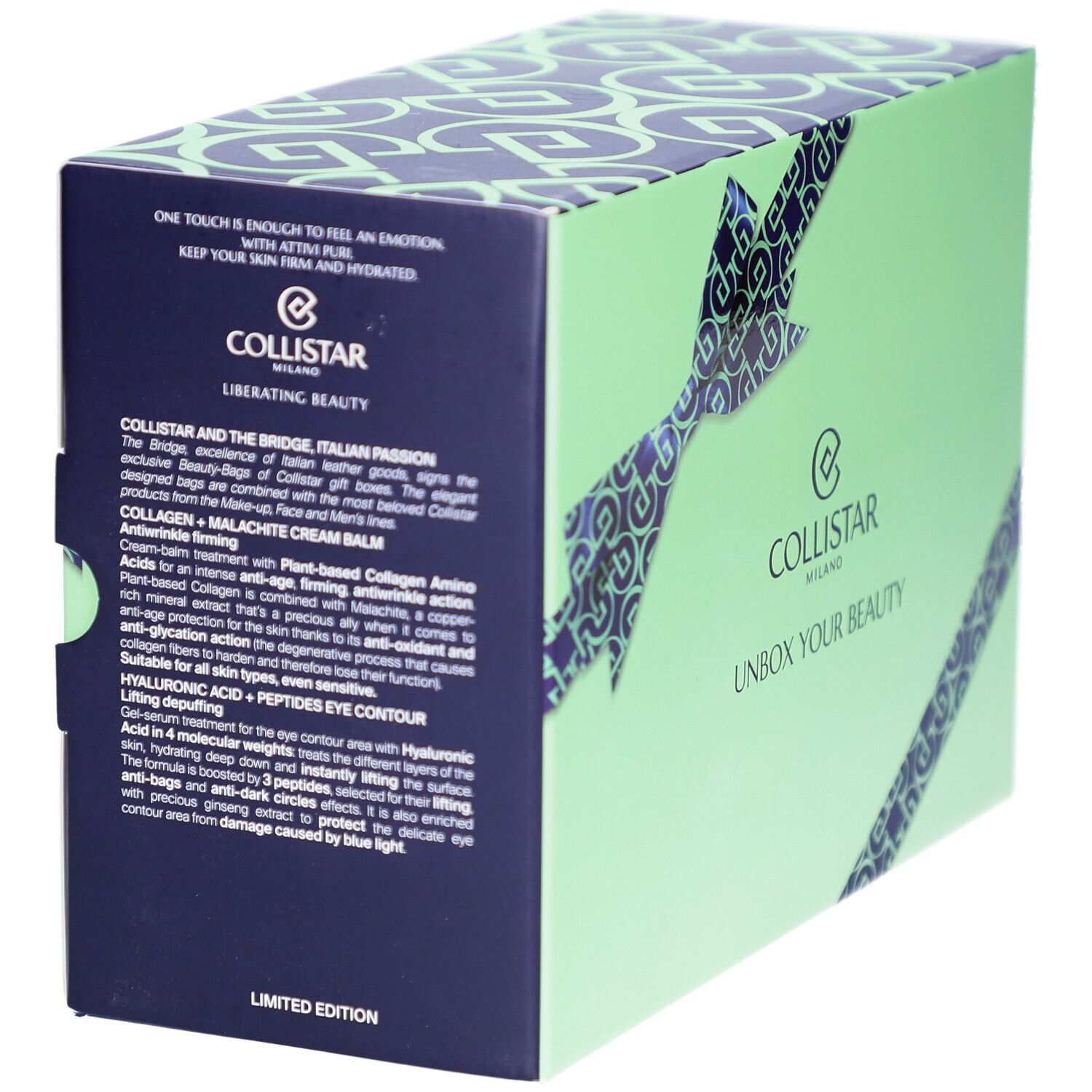 Collistar Geschenkset: Seitenansicht der Box mit Produktinformationen und Logo. "Limited Edition" Aufdruck.