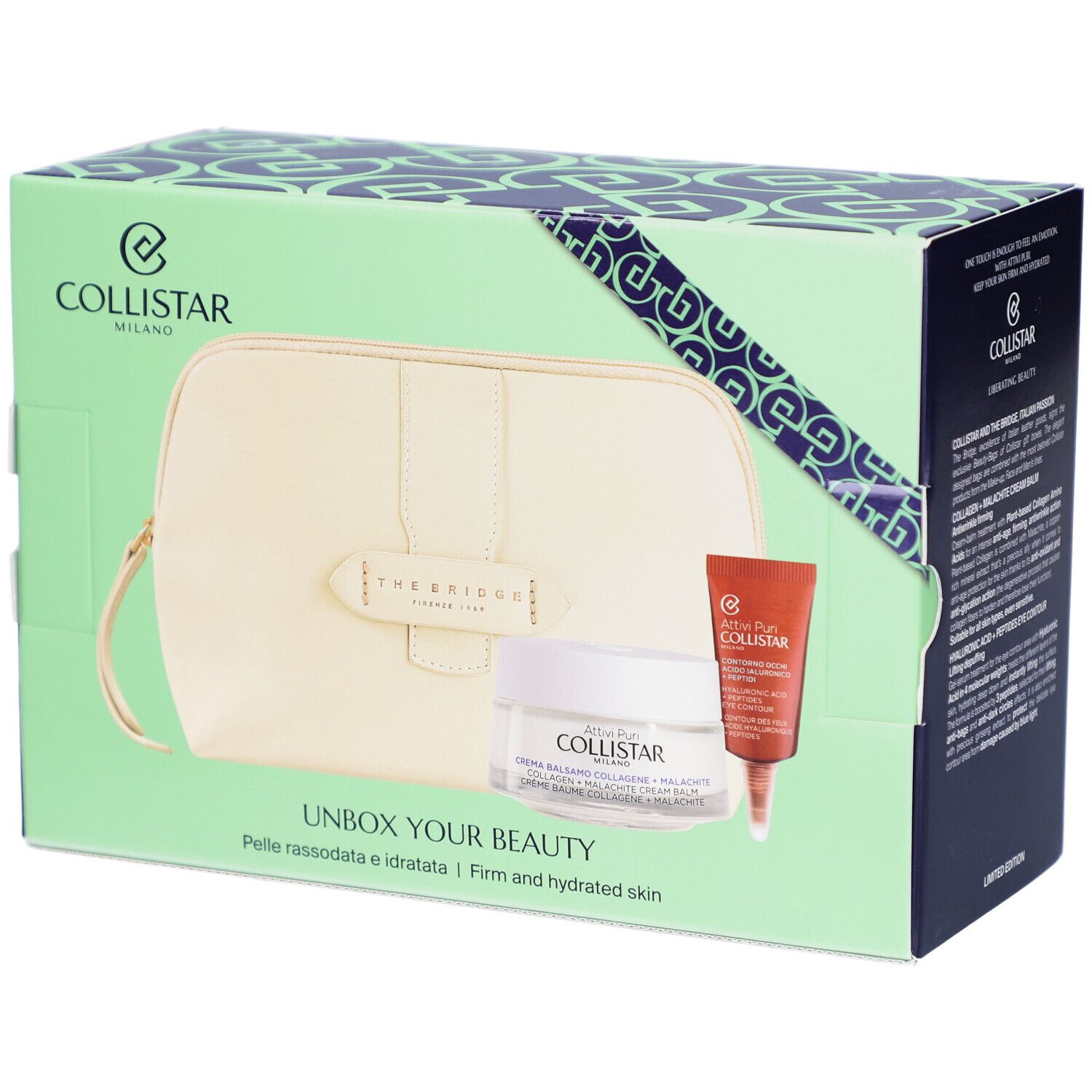 Collistar Geschenkset: Geöffnete Box zeigt Kosmetiktasche, Gesichtscreme und Augenpflege. "Unbox Your Beauty".