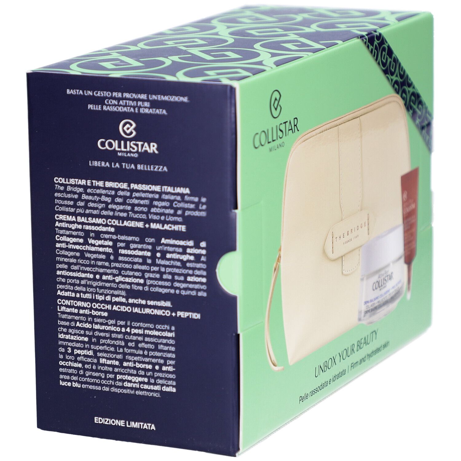Collistar Geschenkset: Geöffnete Box mit Kosmetiktasche, Gesichtscreme und Augenpflege. Produktinfos auf der Seite.