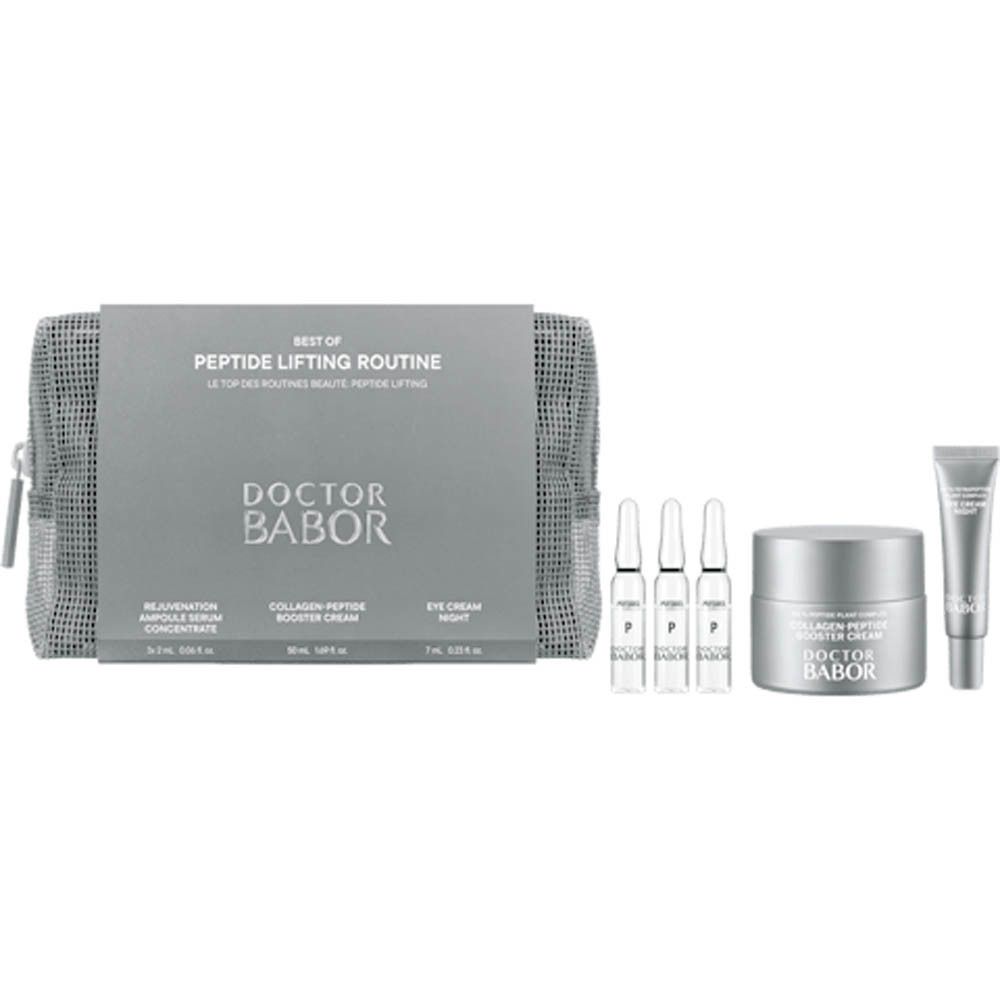 Doktor Babor Peptid Lifting Routine: Tiegel, Ampullen, Tube und Kulturtasche.