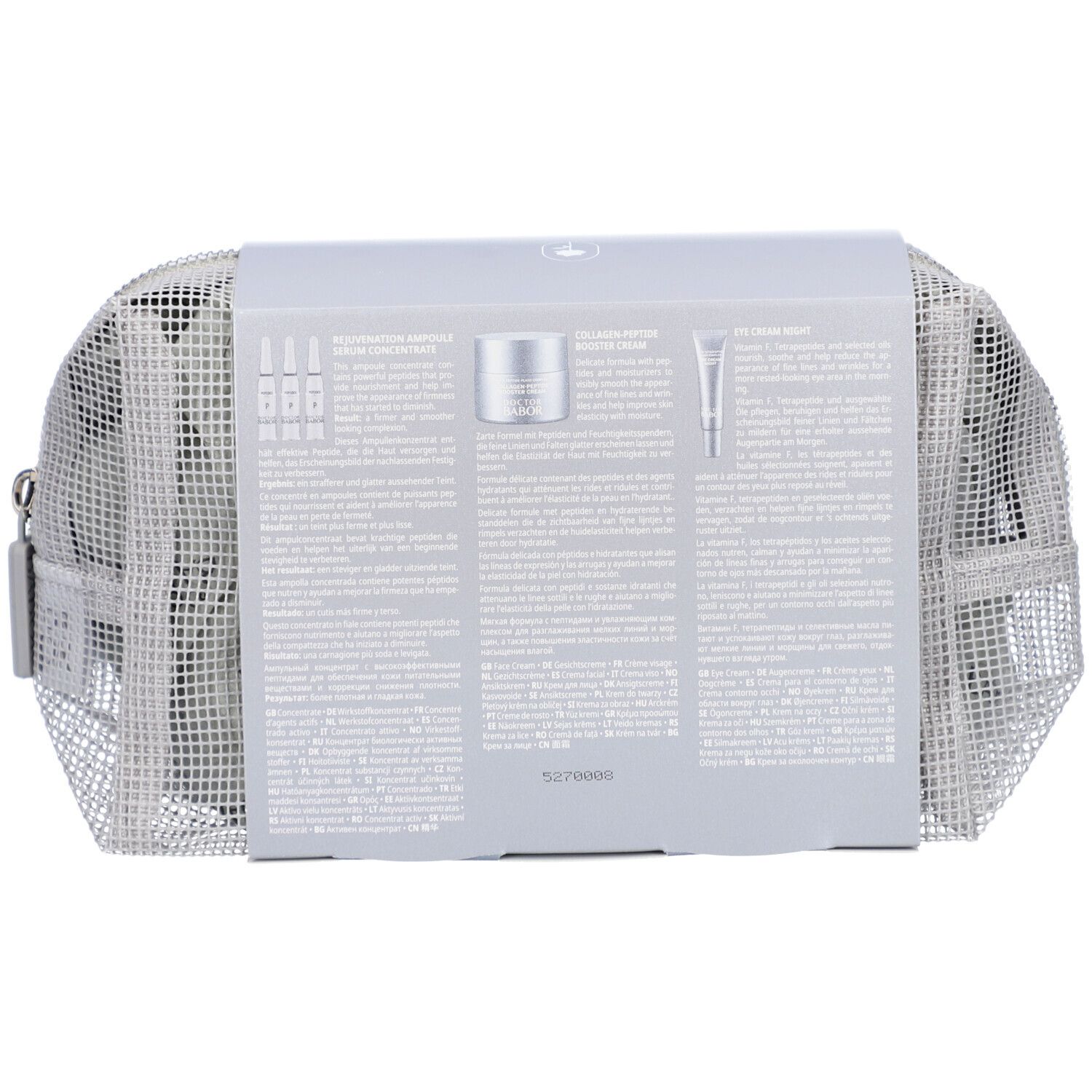 Rückseite einer grauen Kosmetiktasche. Aufgedruckte Produktinformationen. Enthält Ampullen, Creme und Augencreme.