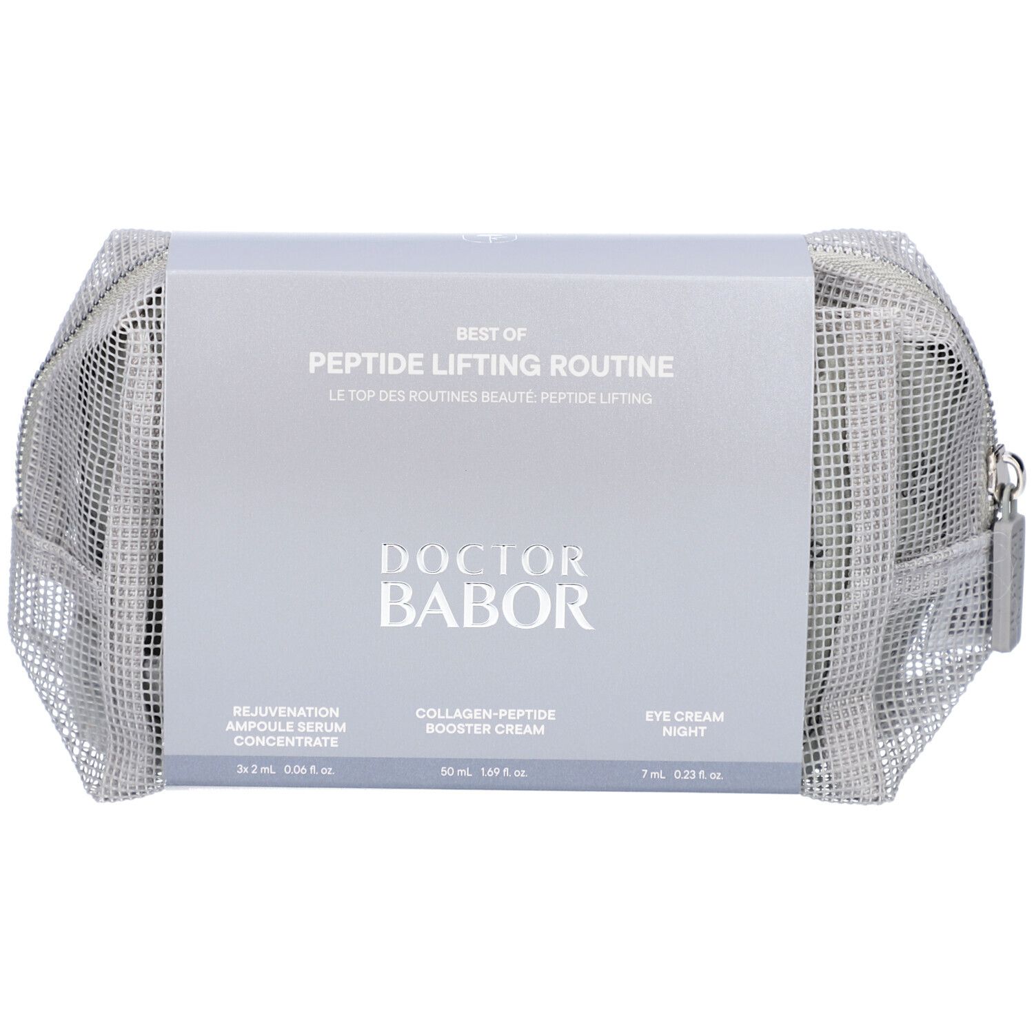 Graue Kosmetiktasche mit Reißverschluss. Aufgedruckter Text: Best of Peptide Lifting Routine. Doctor Babor.
