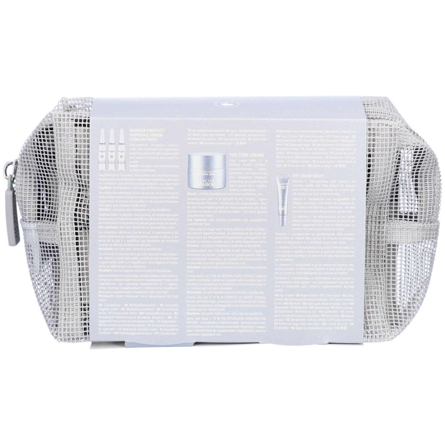 Kosmetiktasche mit Produkten. Auf der Rückseite der Verpackung sind Produkte abgebildet.