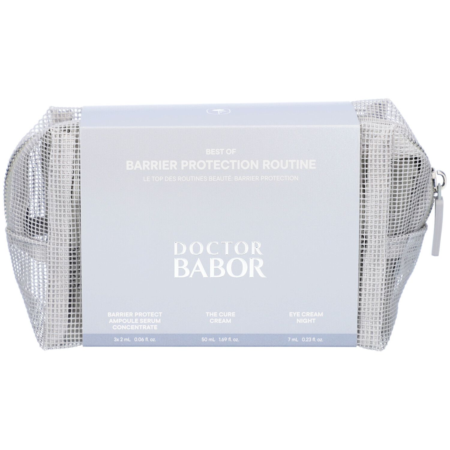 Kosmetiktasche mit Produkten. Auf der Verpackung steht BEST OF BARRIER PROTECTION ROUTINE und DOCTOR BABOR.