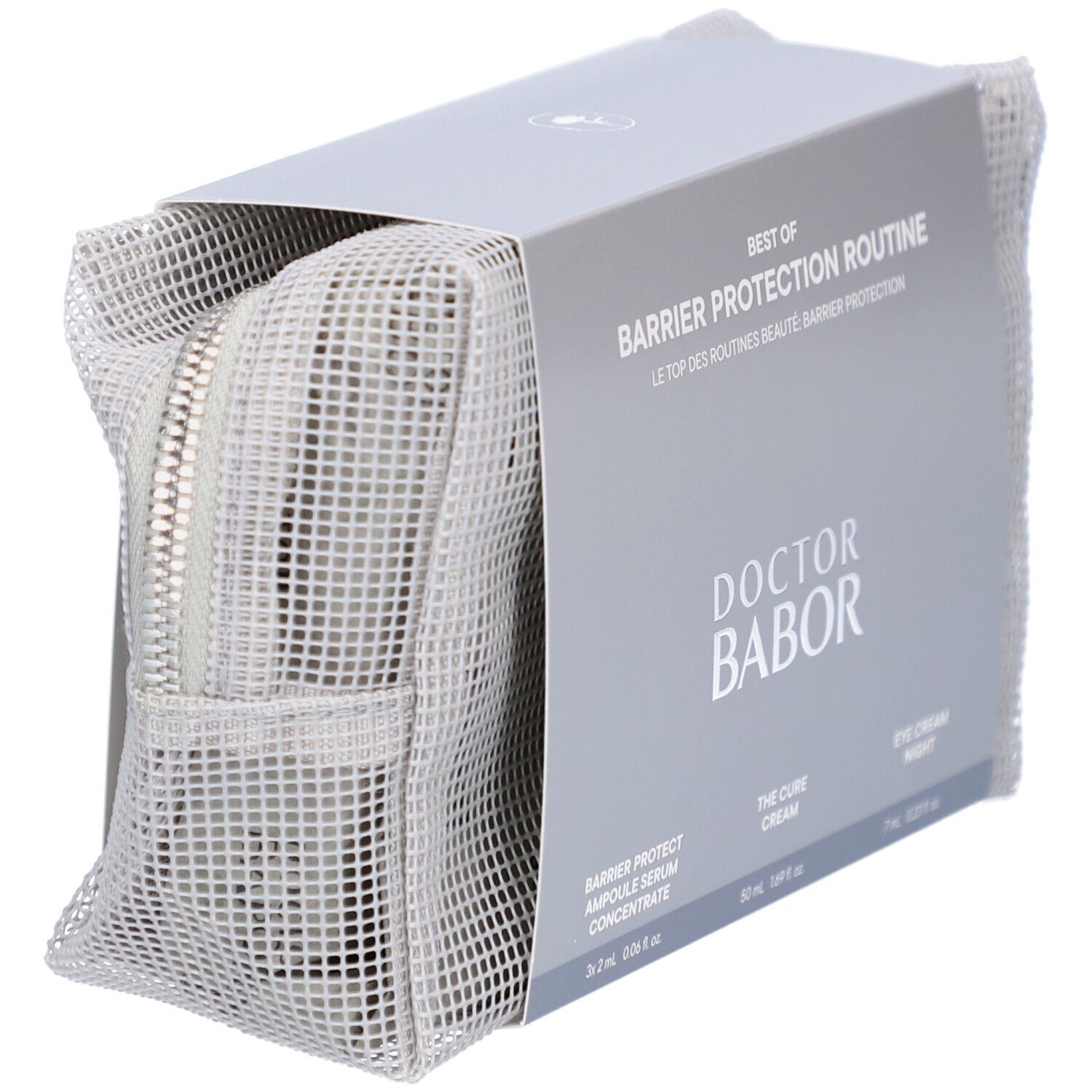 Kosmetiktasche mit Produkten. Auf der Verpackung steht BEST OF BARRIER PROTECTION ROUTINE und DOCTOR BABOR.