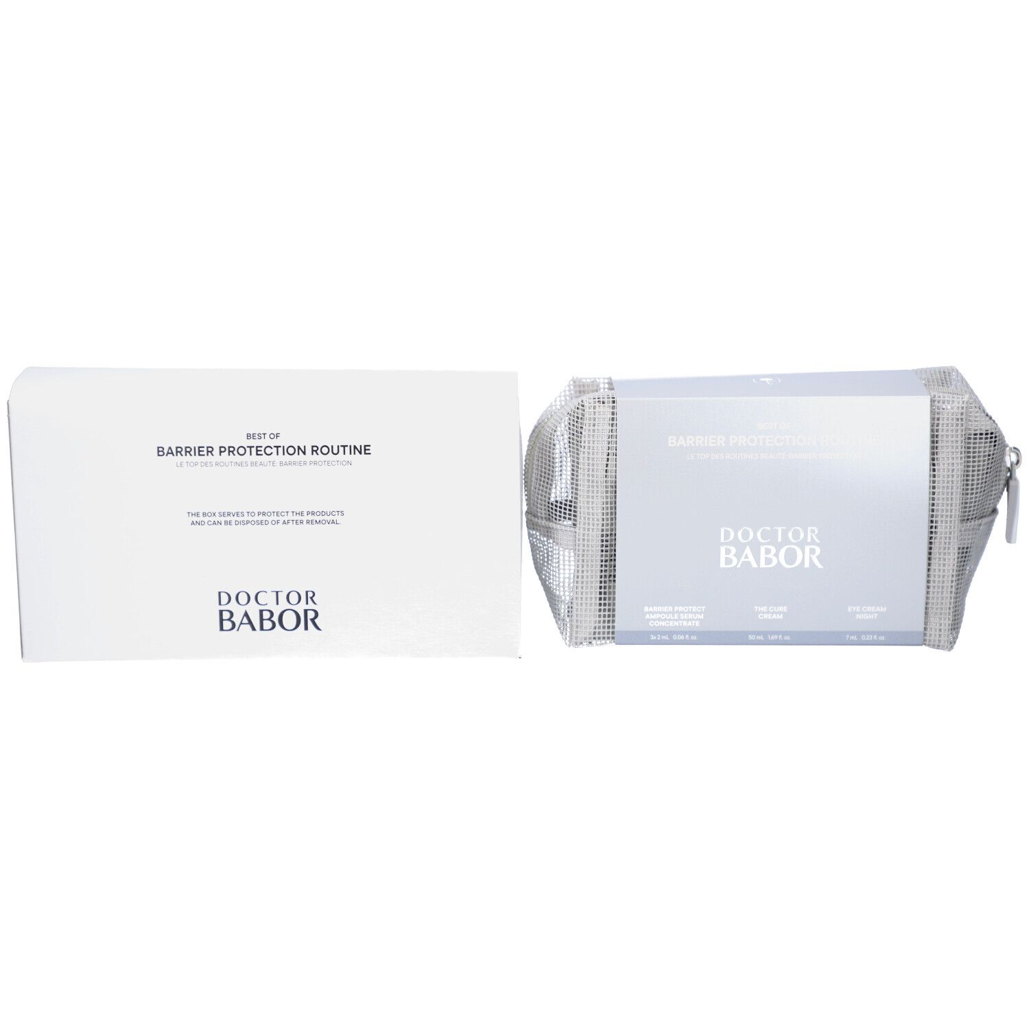 Verpackung mit Kosmetiktasche. Auf der Verpackung steht BEST OF BARRIER PROTECTION ROUTINE und DOCTOR BABOR.
