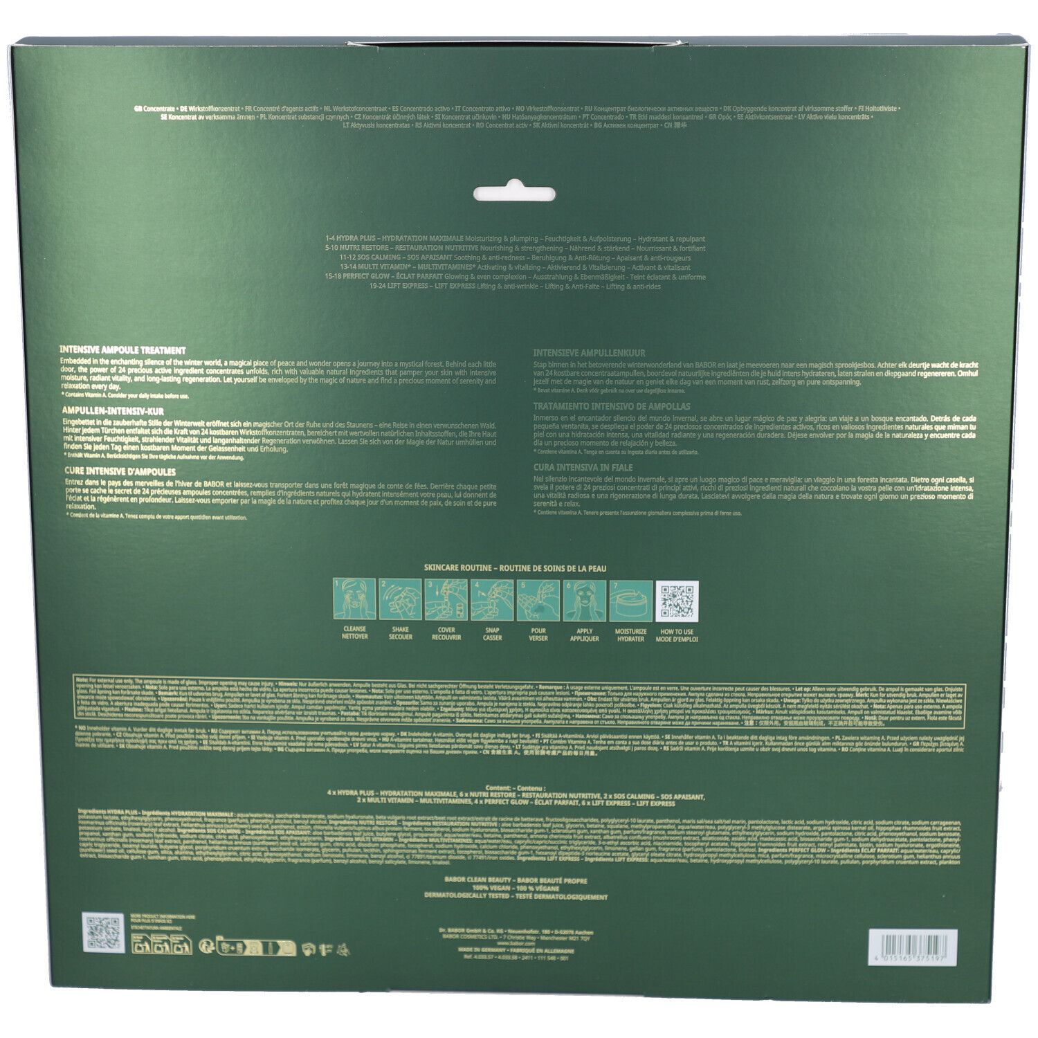 Rückseite des Adventskalenders. Textinformationen in mehreren Sprachen. Grün-goldene Verpackung. QR-Code und Logos.