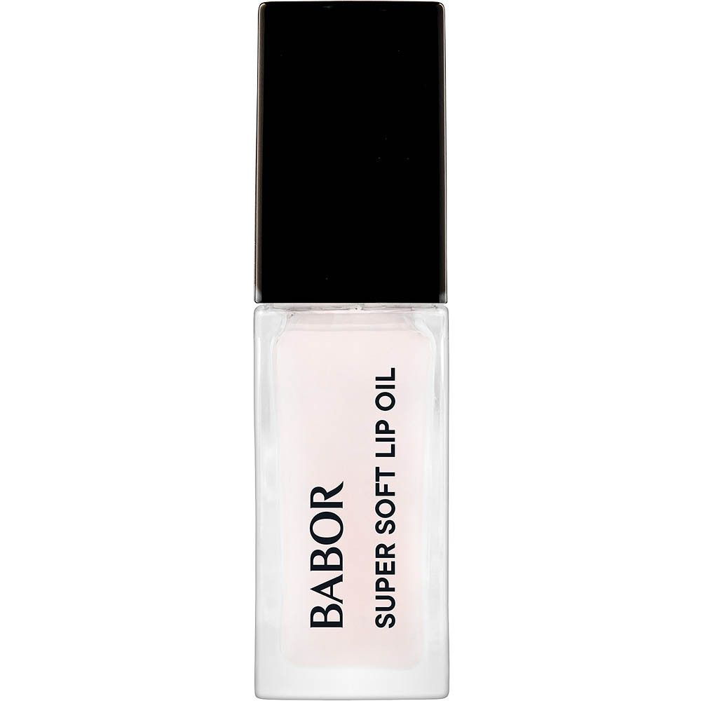 Transparente Lippenpflege in einer rechteckigen Flasche mit schwarzem Deckel. Aufschrift: BABOR, SUPER SOFT LIP OIL.