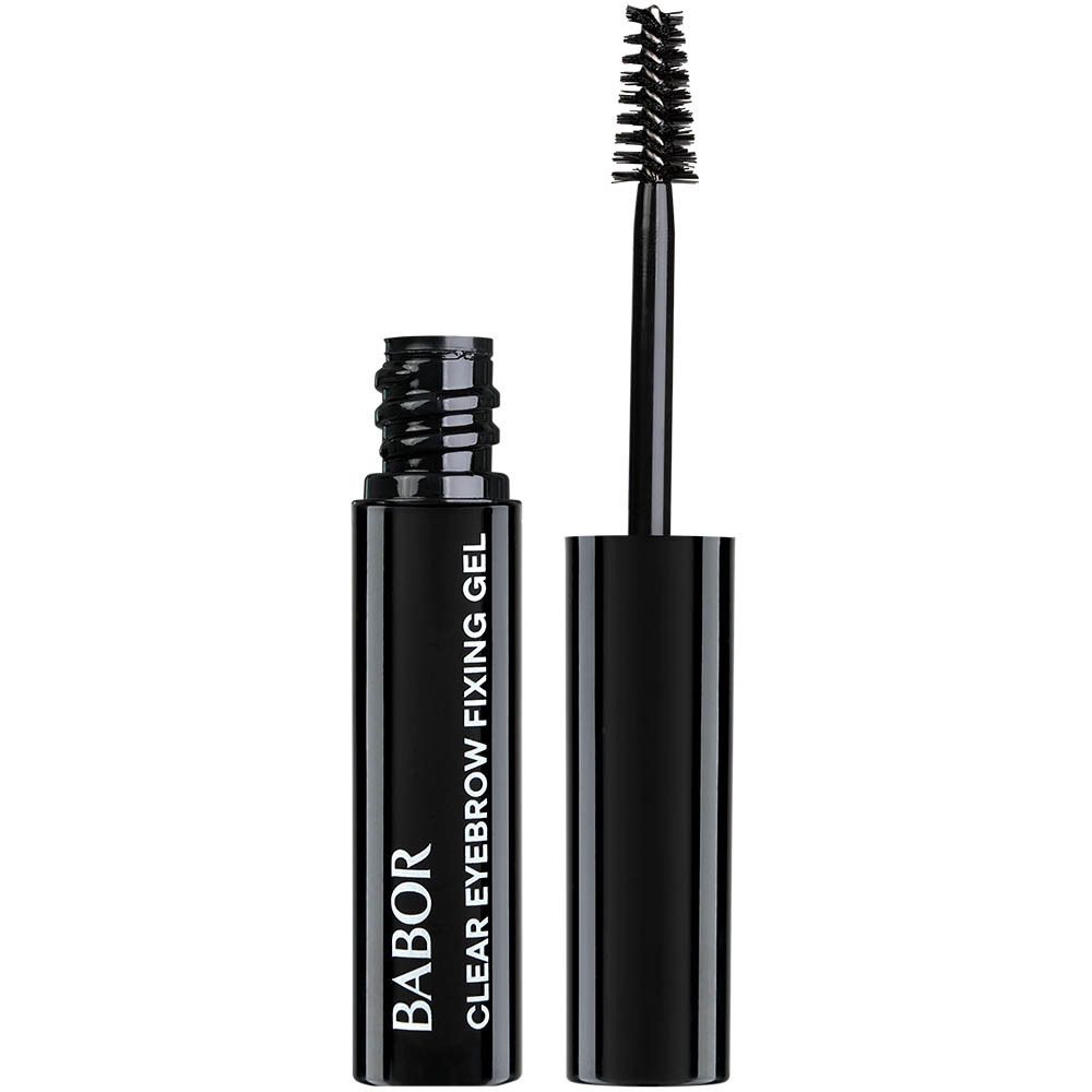 Gel-Fixateur für Augenbrauen. Schwarze Tube mit Bürste. Aufschrift: BABOR CLEAR EYEBROW FIXING GEL.