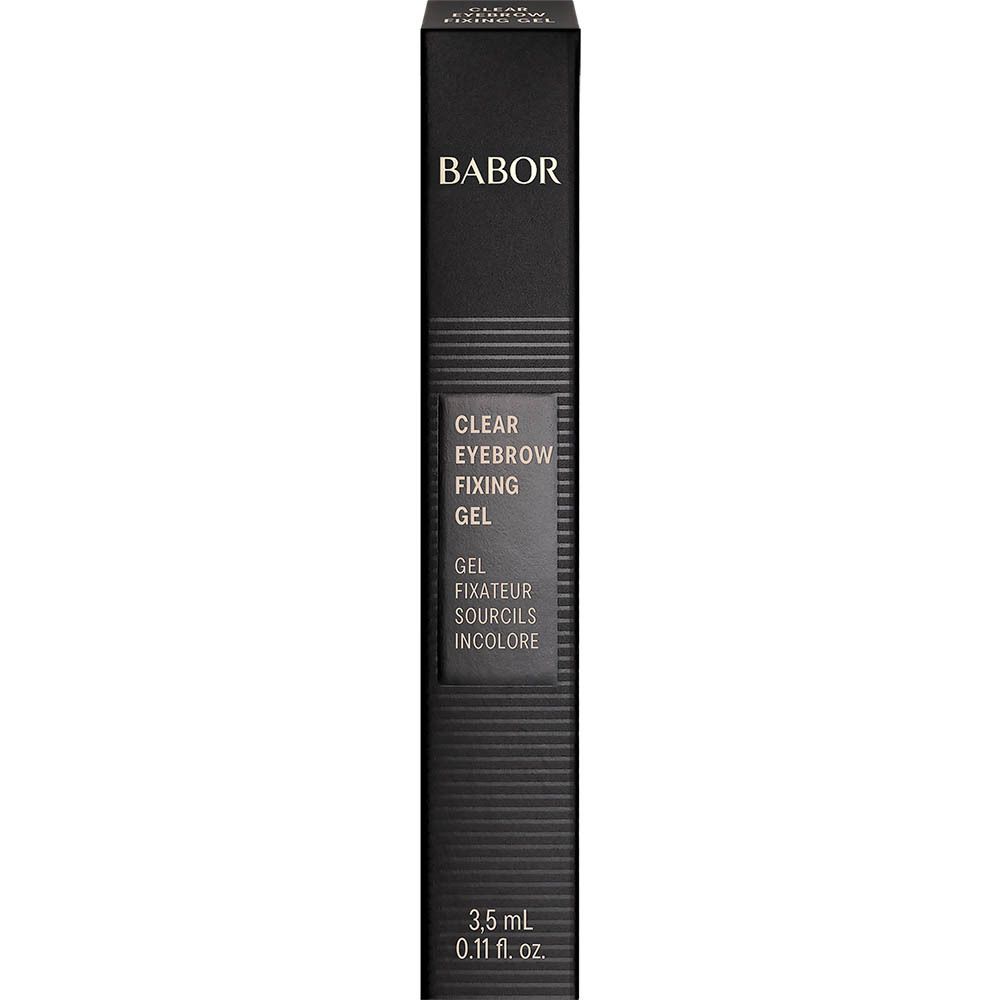 Schwarze Verpackung. Aufschrift: BABOR CLEAR EYEBROW FIXING GEL. 3,5 ml.
