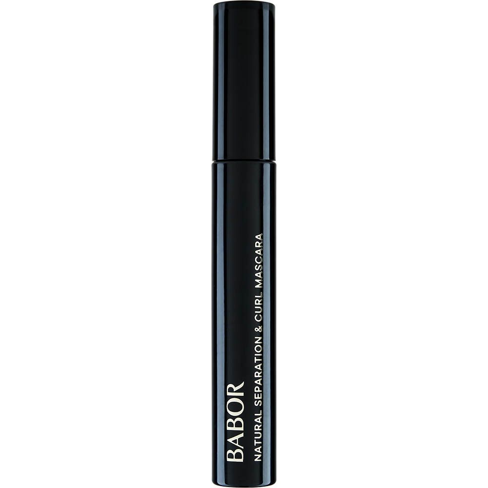 Schwarze Mascarabürste mit schwarzem Deckel. Aufschrift: BABOR NATURAL SEPARATION & CURL MASCARA.