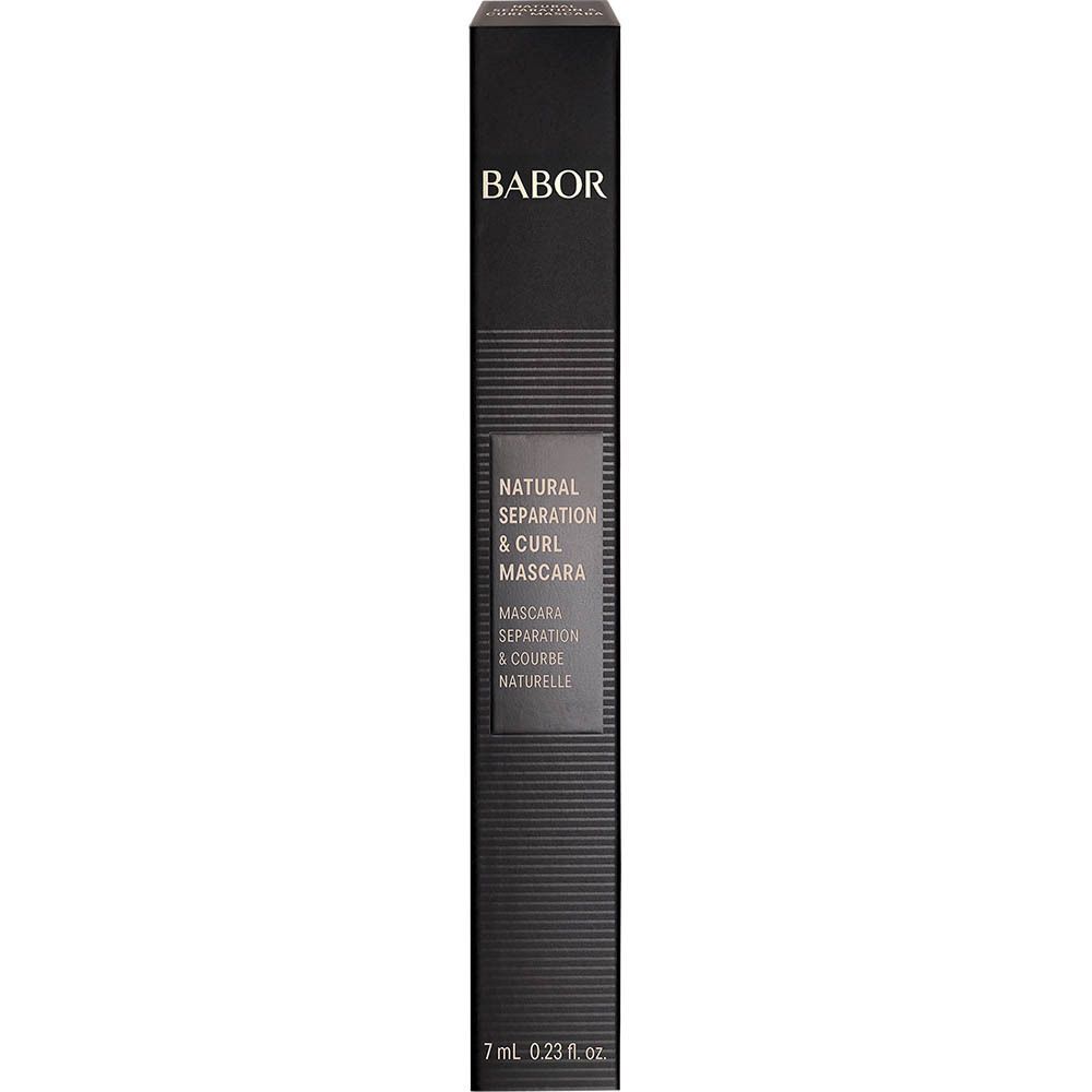Schwarze Verpackung. Aufschrift: BABOR NATURAL SEPARATION & CURL MASCARA. 7 ml 0.23 fl.oz.