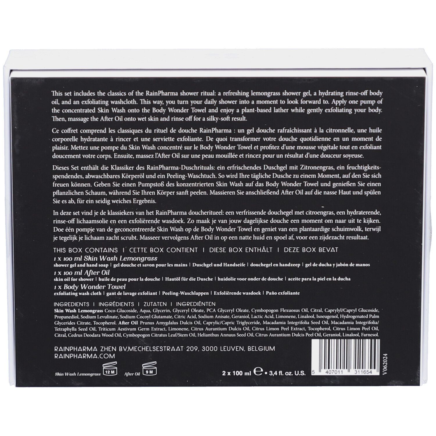 Rückseite der Verpackung von Rainpharma Bathroom Treasures. Text in Englisch, Deutsch, Französisch, Niederländisch und Spanisch.