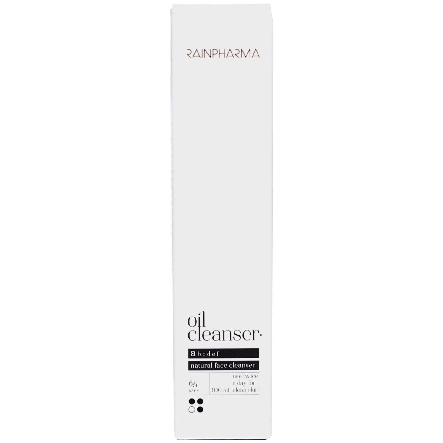 Weiße Schachtel mit Aufschrift: Rainpharma, oil cleanser, abcdef, natural face cleanser. 100 ml.