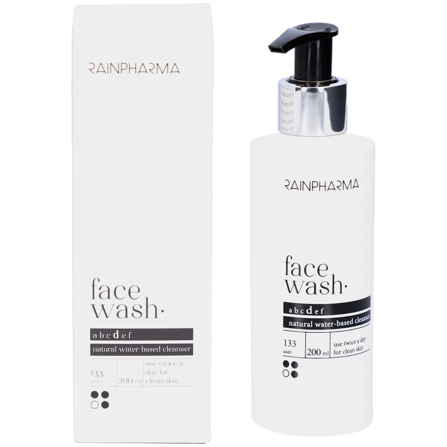 Produktverpackung. Weiße Flasche mit schwarzem Pumpkopf und Karton. Aufschrift: RAINPHARMA, face wash, abcdef, 200 ml.