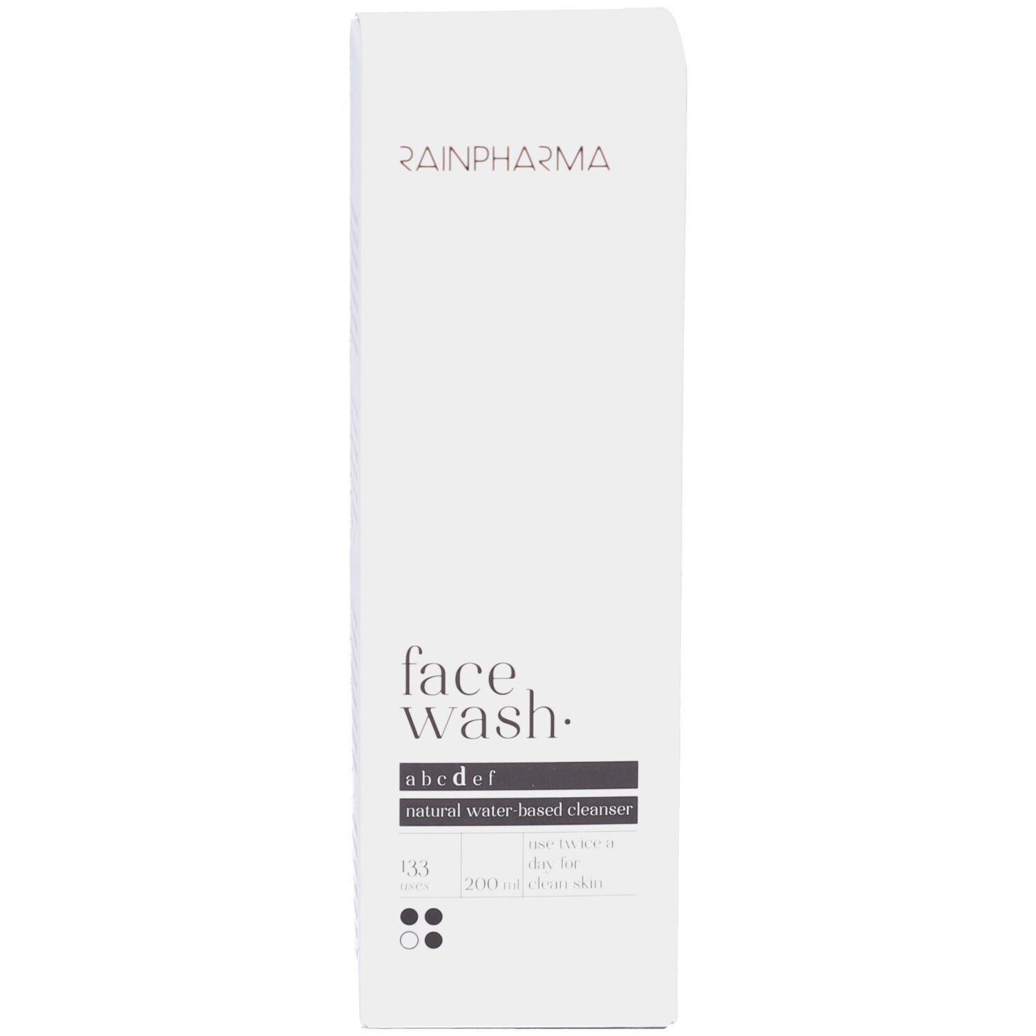 Produktverpackung. Weißer Karton. Aufschrift: RAINPHARMA, face wash, abcdef, 200 ml.