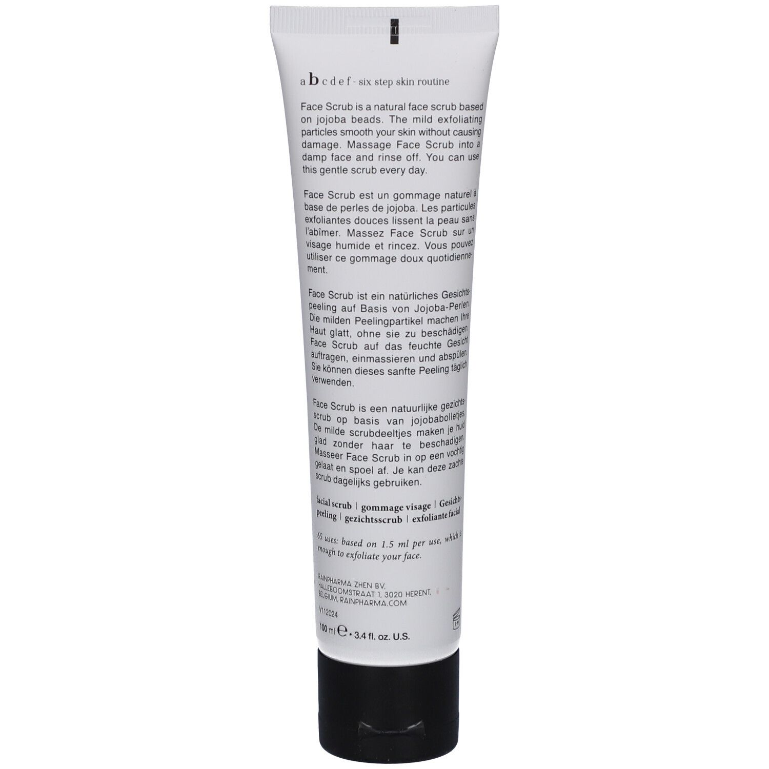 Rückseite der Tube. Text in mehreren Sprachen. Enthält Informationen über das Produkt und die Inhaltsstoffe.