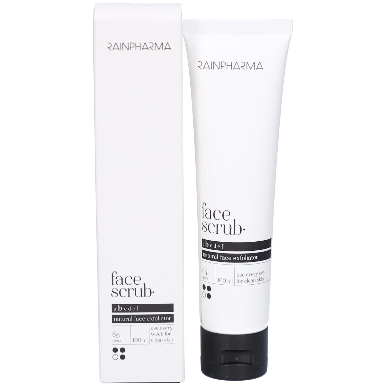 Produkt und Verpackung. Weiße Tube und Schachtel. Aufschrift: Rainpharma, face scrub, natural face exfoliator.