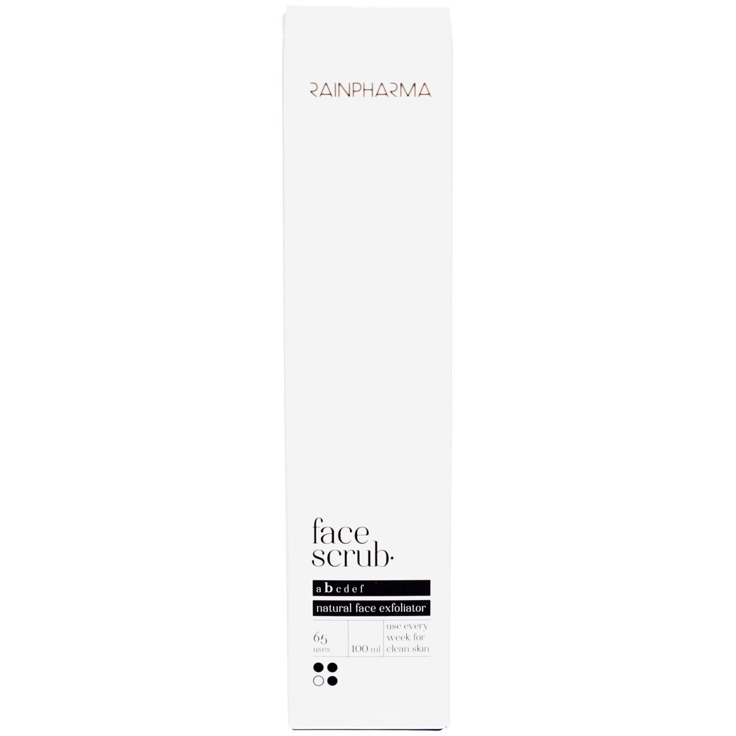 Weiße Schachtel mit Aufschrift: Rainpharma, face scrub, natural face exfoliator. Schwarzer Streifen mit Text.