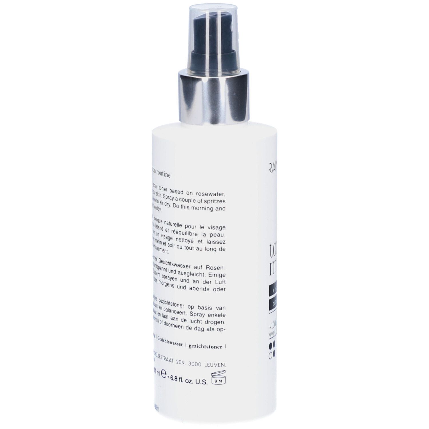 Rainpharma Toning Mist Flasche, Rückseite. Text in mehreren Sprachen. Silberner Sprühkopf. Weiße Flasche.