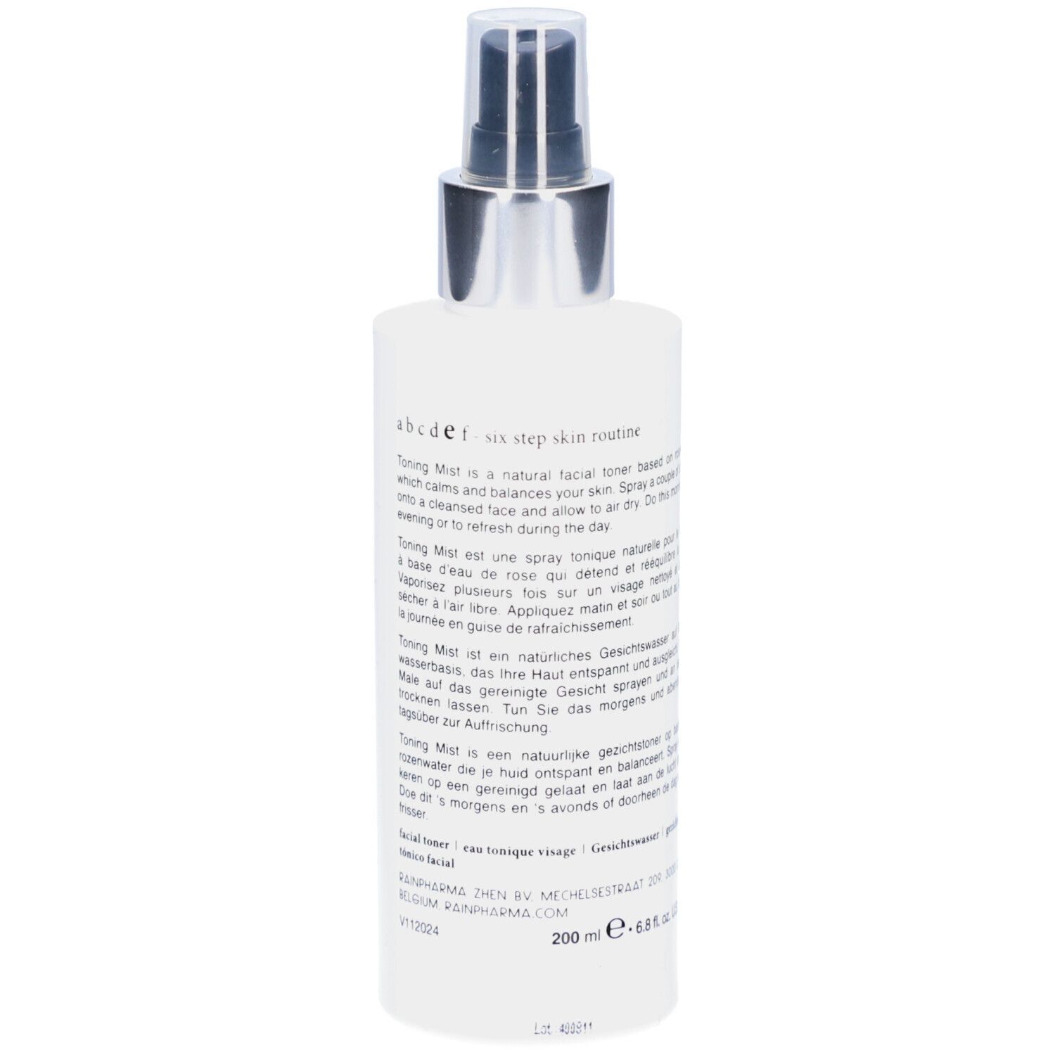 Rainpharma Toning Mist Flasche, Rückseite. Text in mehreren Sprachen. Silberner Sprühkopf. Weiße Flasche.